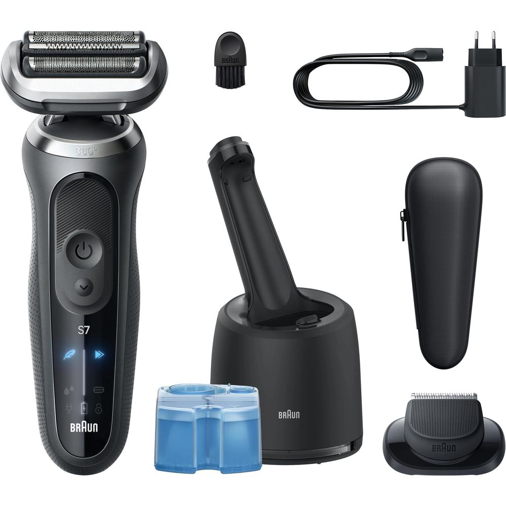 Rasoio Braun S7 nero con accessori: base di ricarica, spazzolino, cavo, custodia.