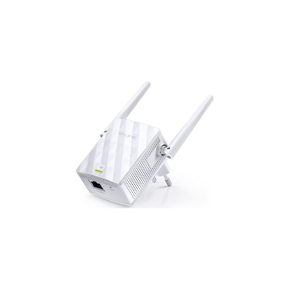 Biały wzmacniacz Wi-Fi TP-Link z dwiema antenami i portem Ethernet.