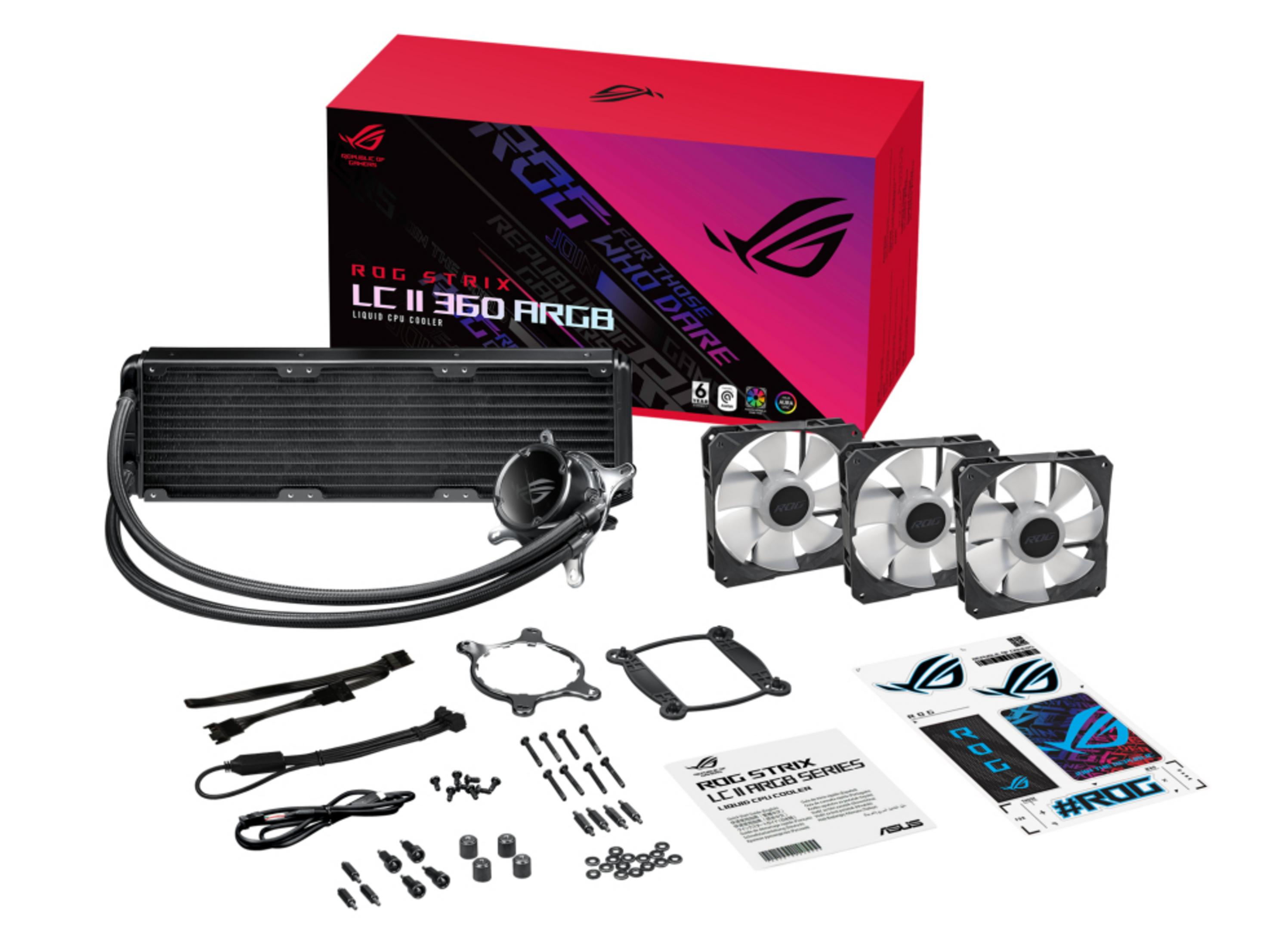 ROG Strix LC II 360 ARGB CPU-Kühler mit Lüftern, Kabeln, Halterungen und Aufklebern.