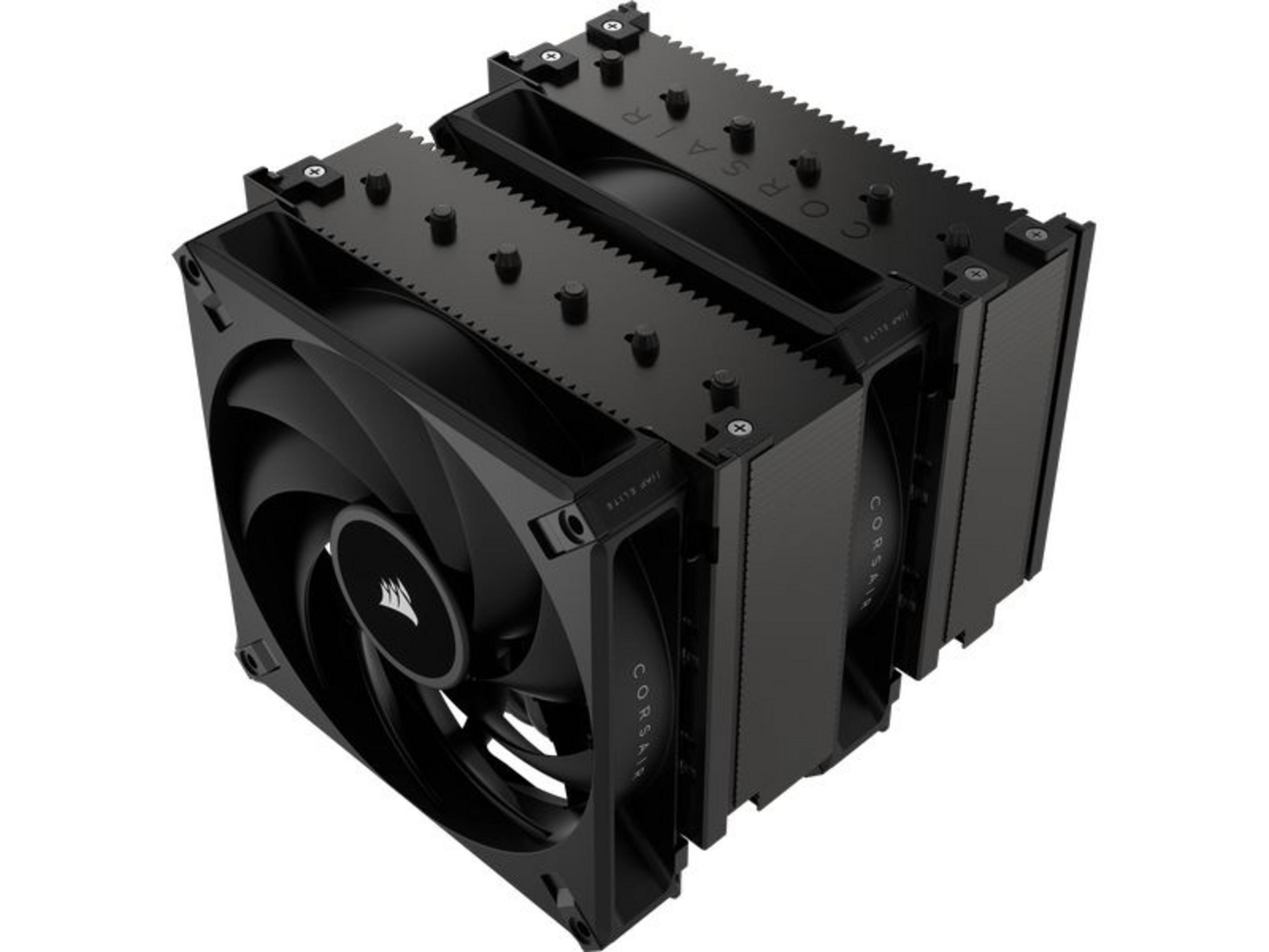 Czarna chłodnica CPU z dwoma wentylatorami i aluminiowymi żeberkami.
