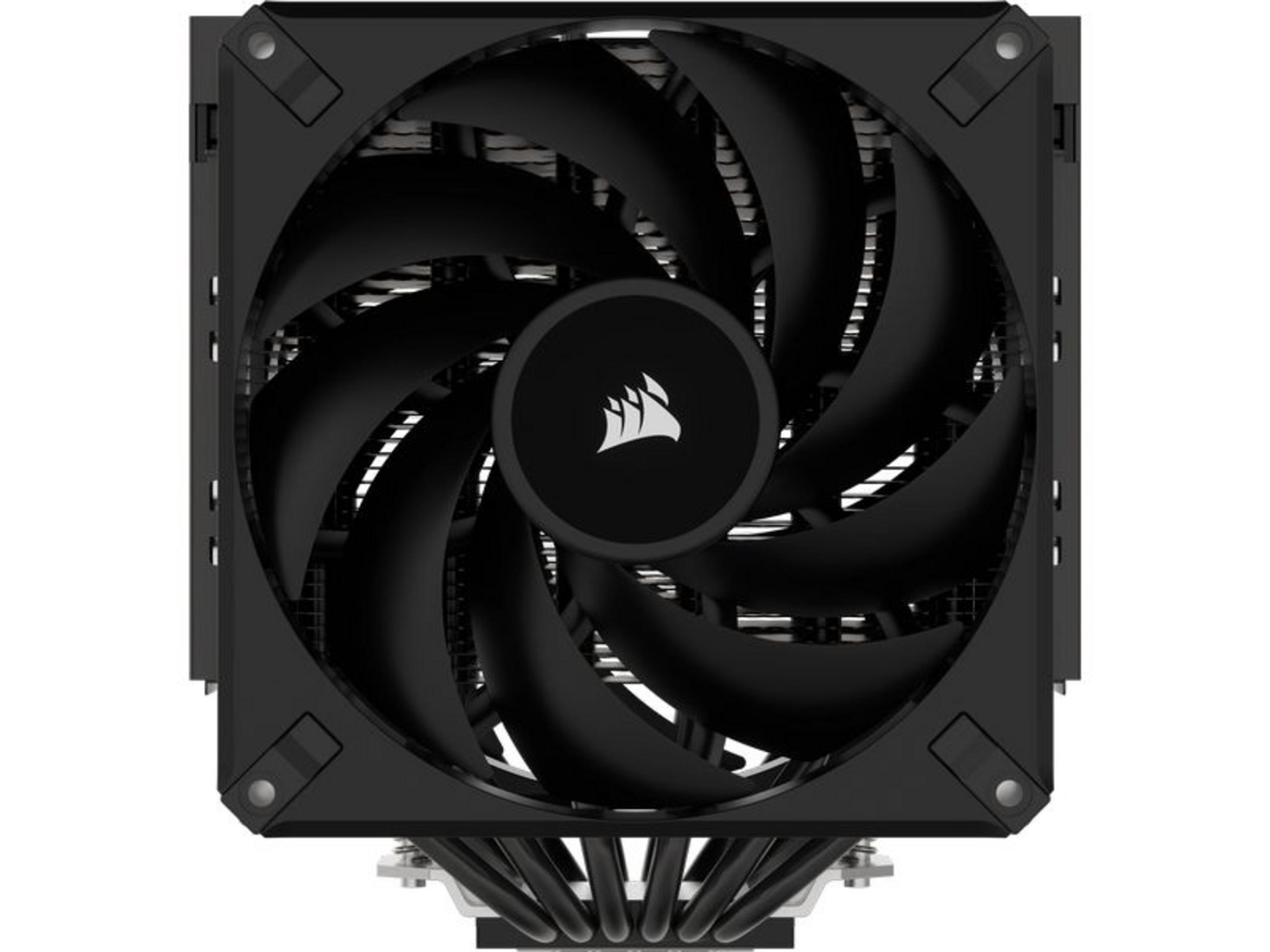 Czarny cooler CPU z wentylatorem i srebrnymi rurkami cieplnymi.