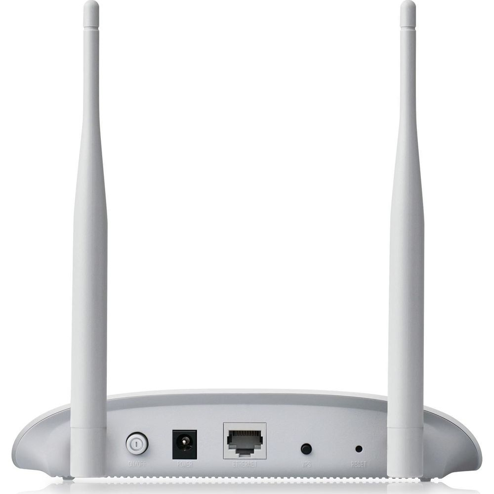 Biały router Wi-Fi z dwiema antenami i portami z tyłu.