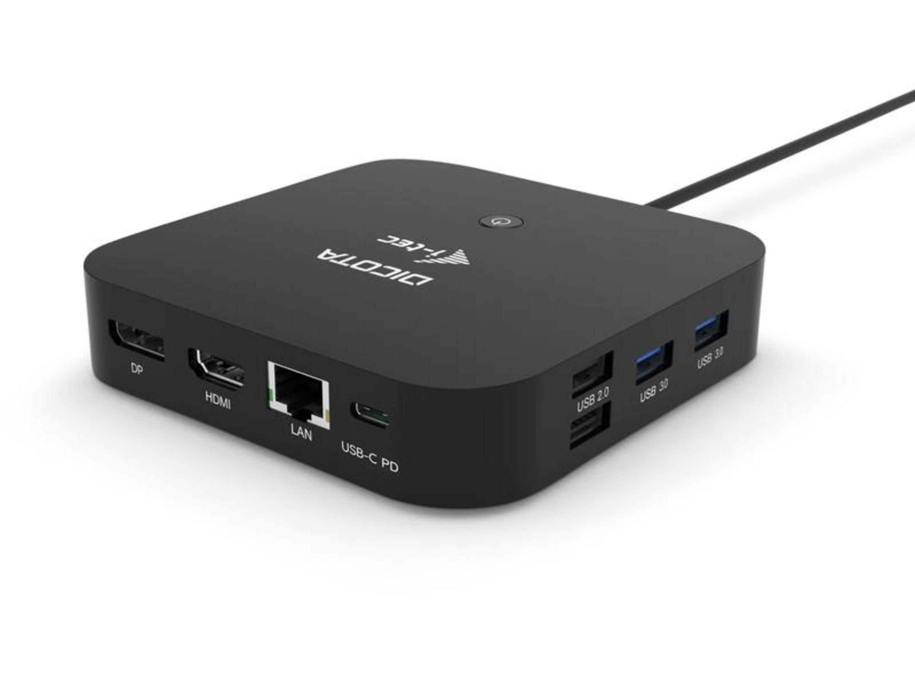 Hub di docking nero con porte DP, HDMI, LAN, USB-C PD e USB 2.0/3.0.
