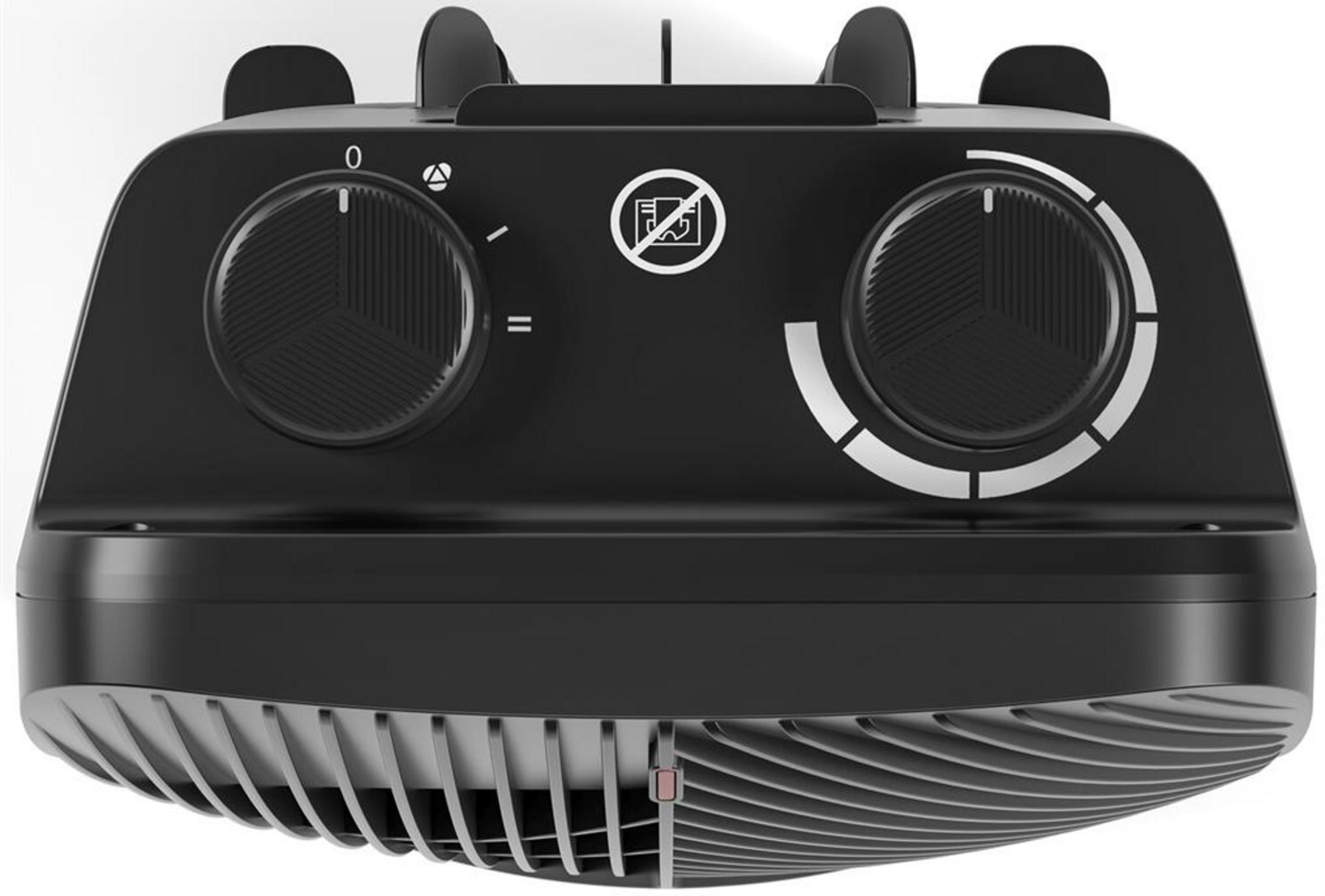 Czarny grzejnik z wentylatorem, dwoma pokrętłami i otworami wentylacyjnymi.