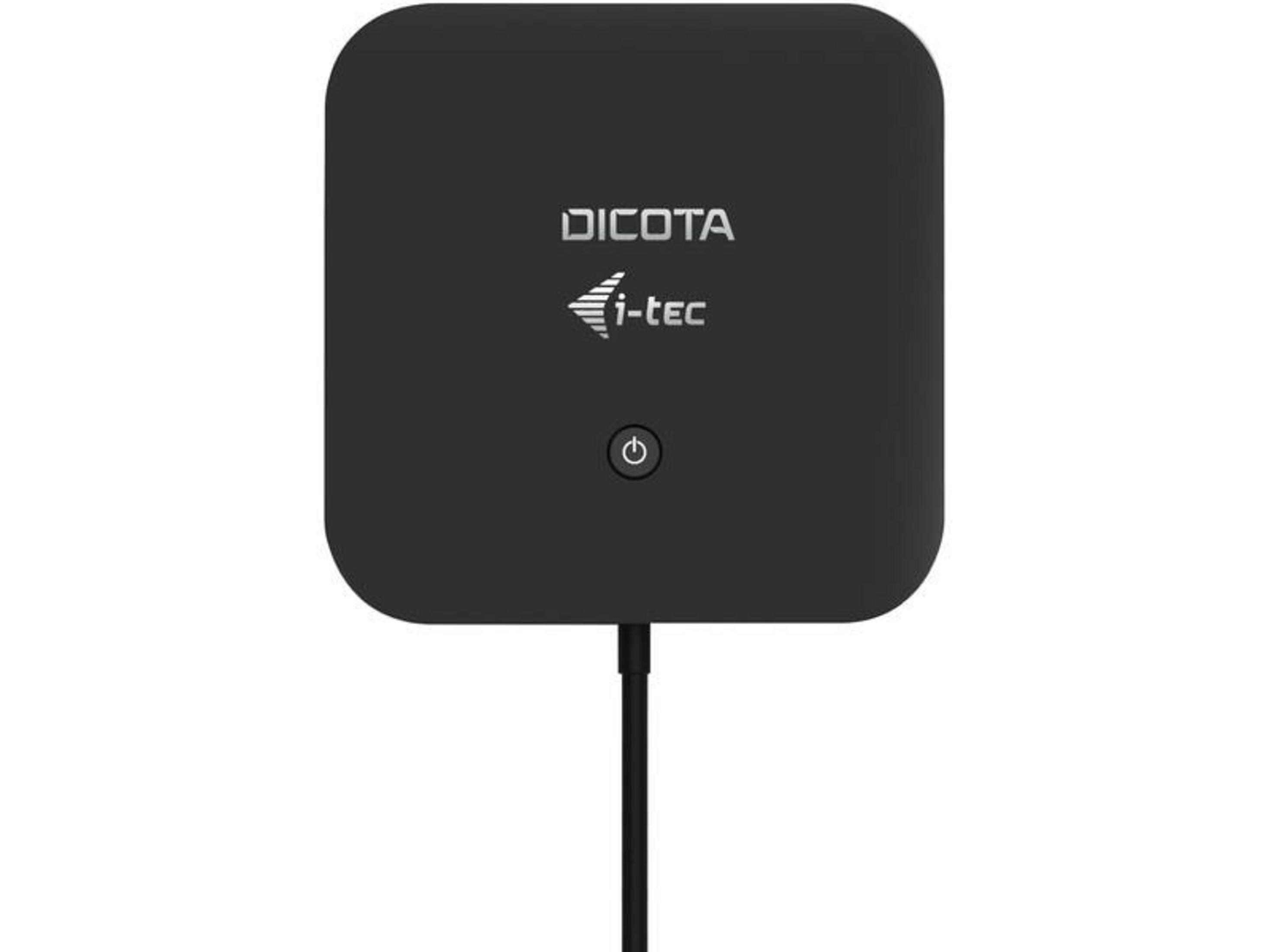 Adattatore nero DICOTA i-tec con pulsante di accensione e cavo.