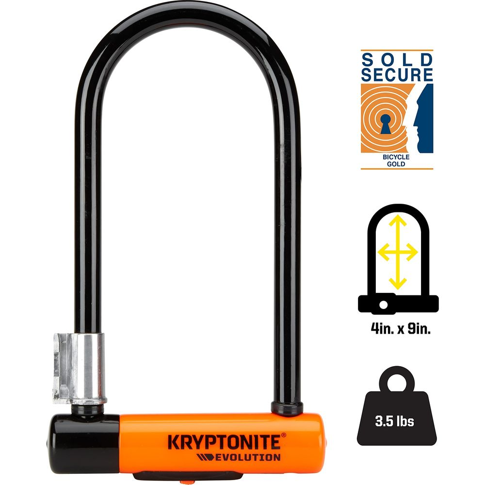 Ein schwarzer U-Bügel-Schloss mit orangefarbenem Griff und "Kryptonite"-Logo.