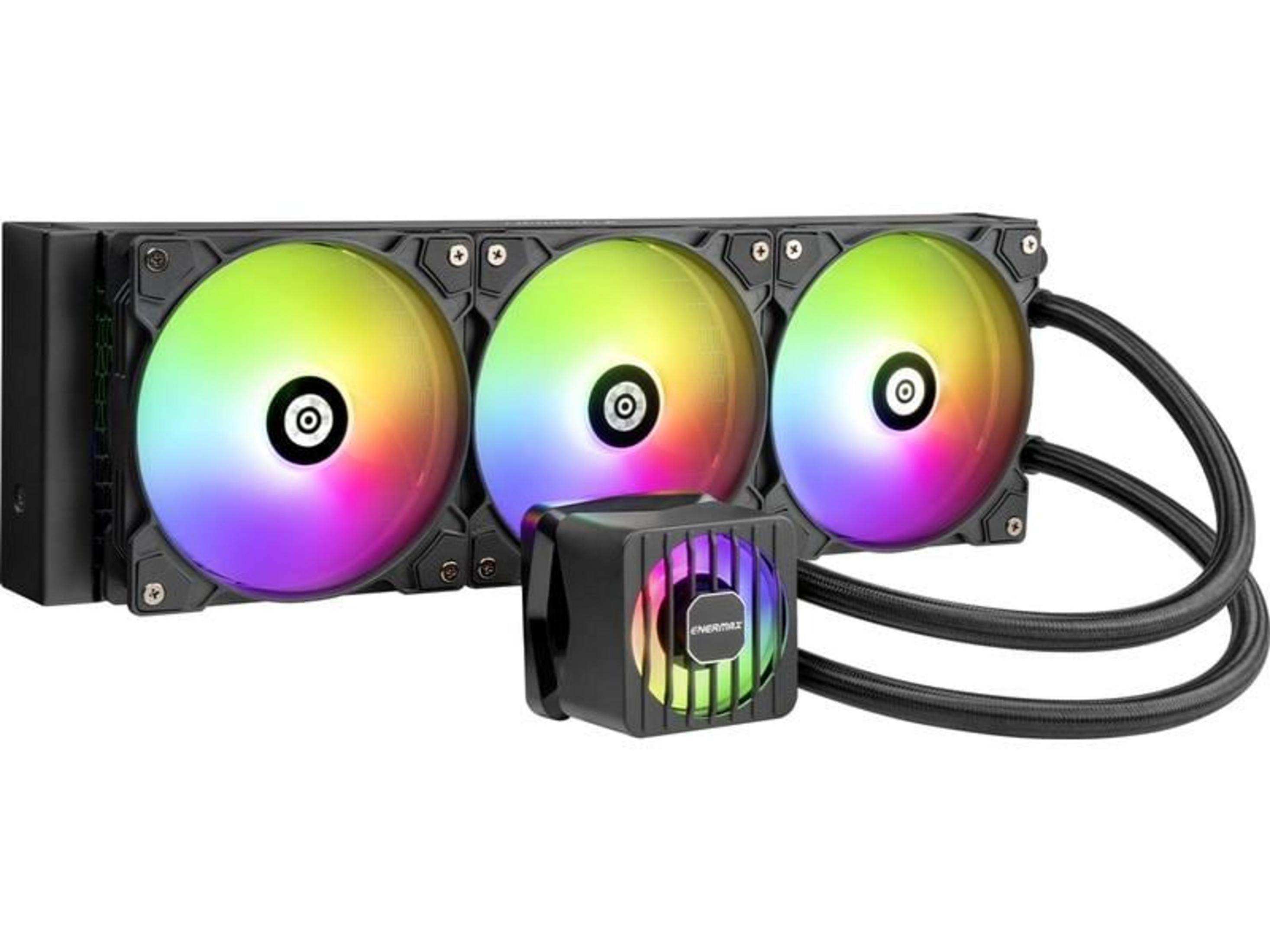 Czarna chłodnica procesora z trzema wentylatorami RGB i czarną jednostką pompy.