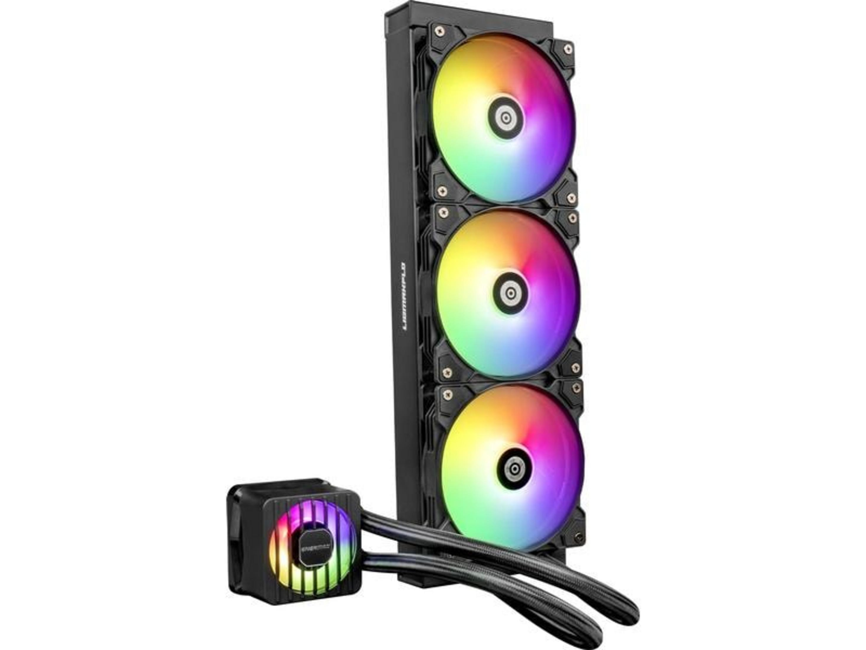Czarna chłodnica komputerowa z trzema wentylatorami RGB i pompą.