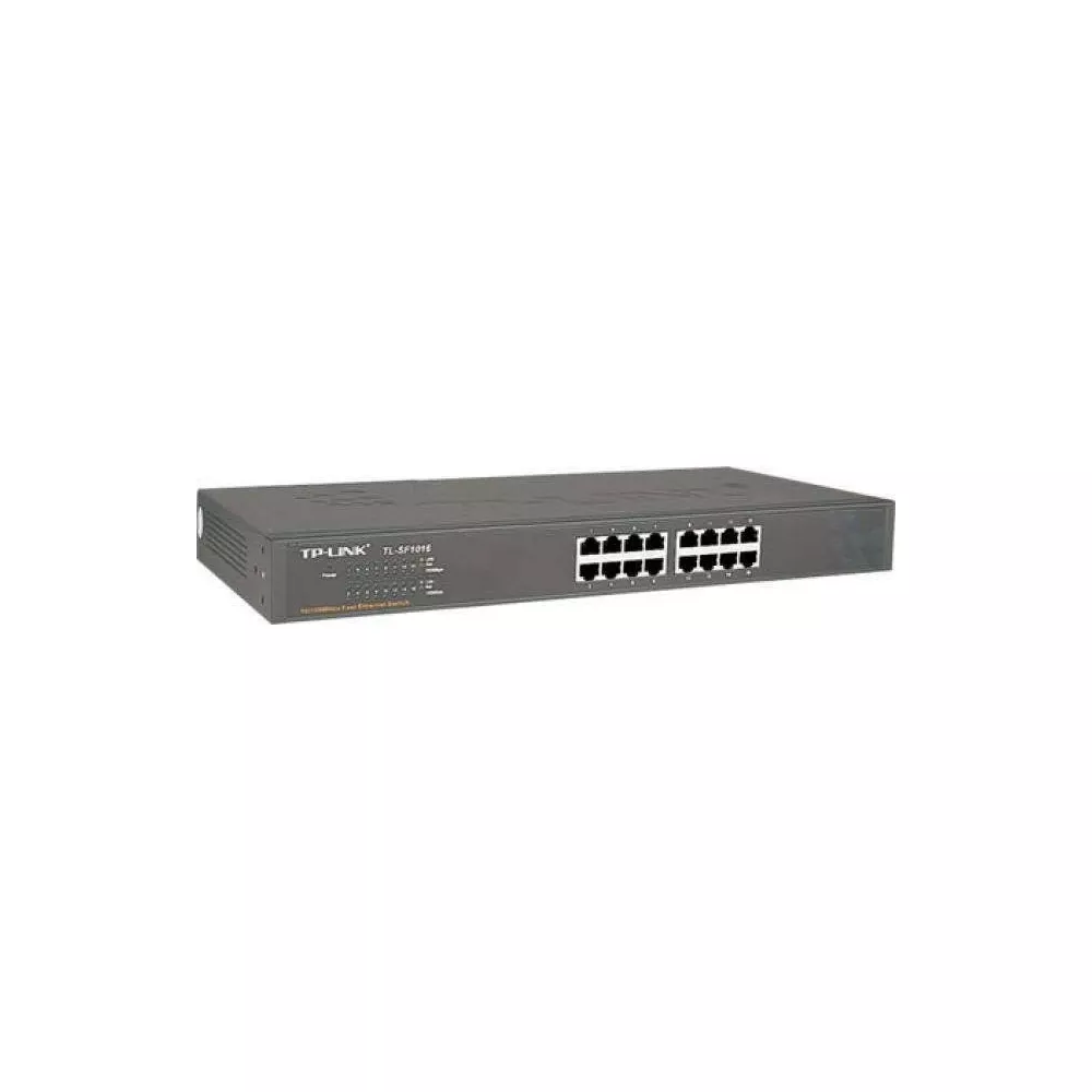 Un switch réseau TP-Link gris avec 16 ports sur le devant.