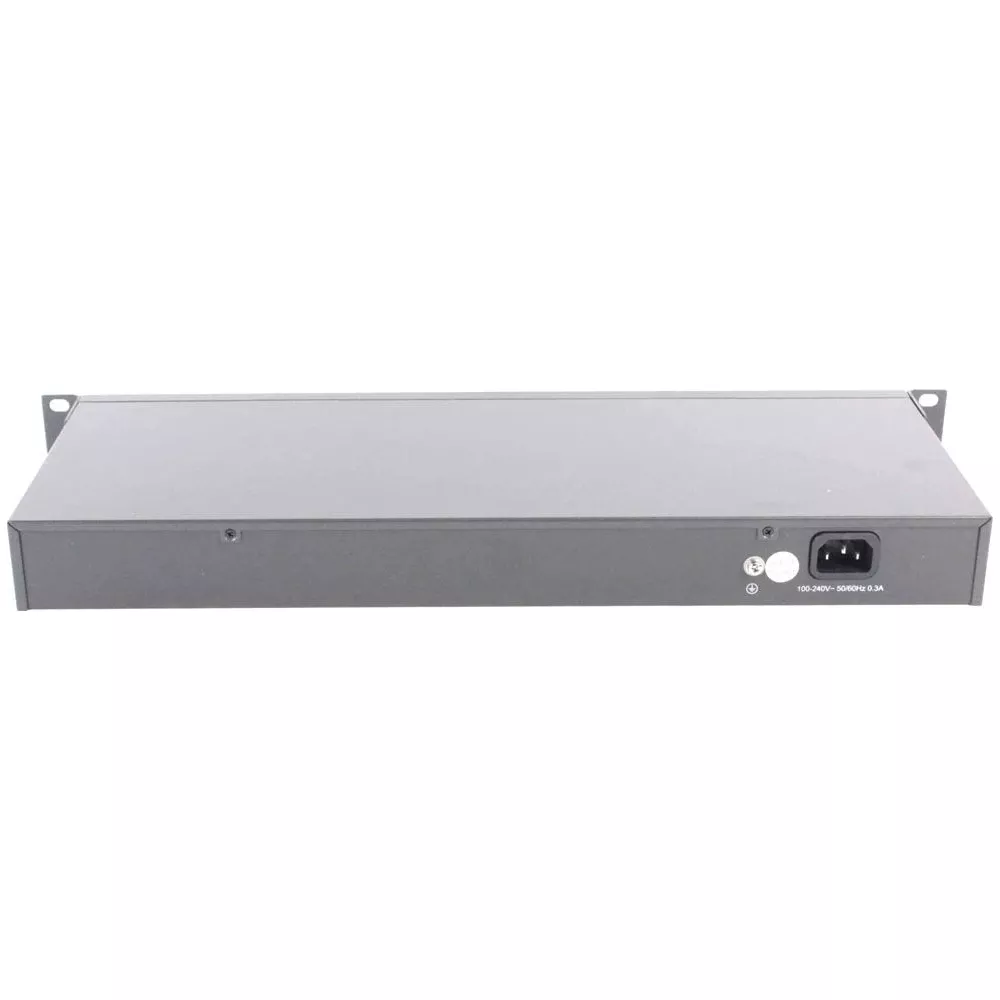 Appareil gris en baie avec connecteur d'alimentation et étiquette.