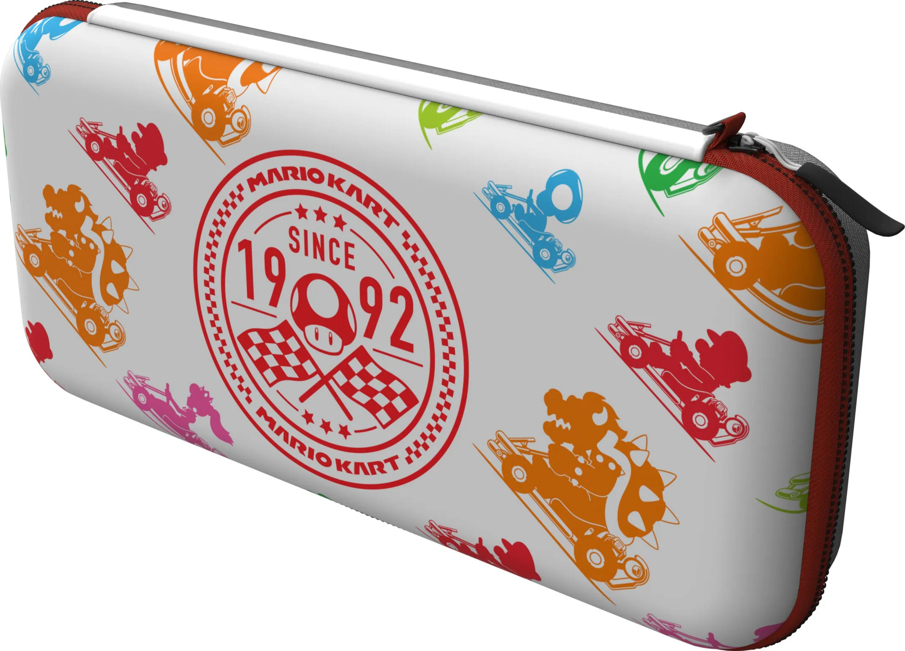 Funda blanca con gráficos de Mario Kart, personajes y logo.