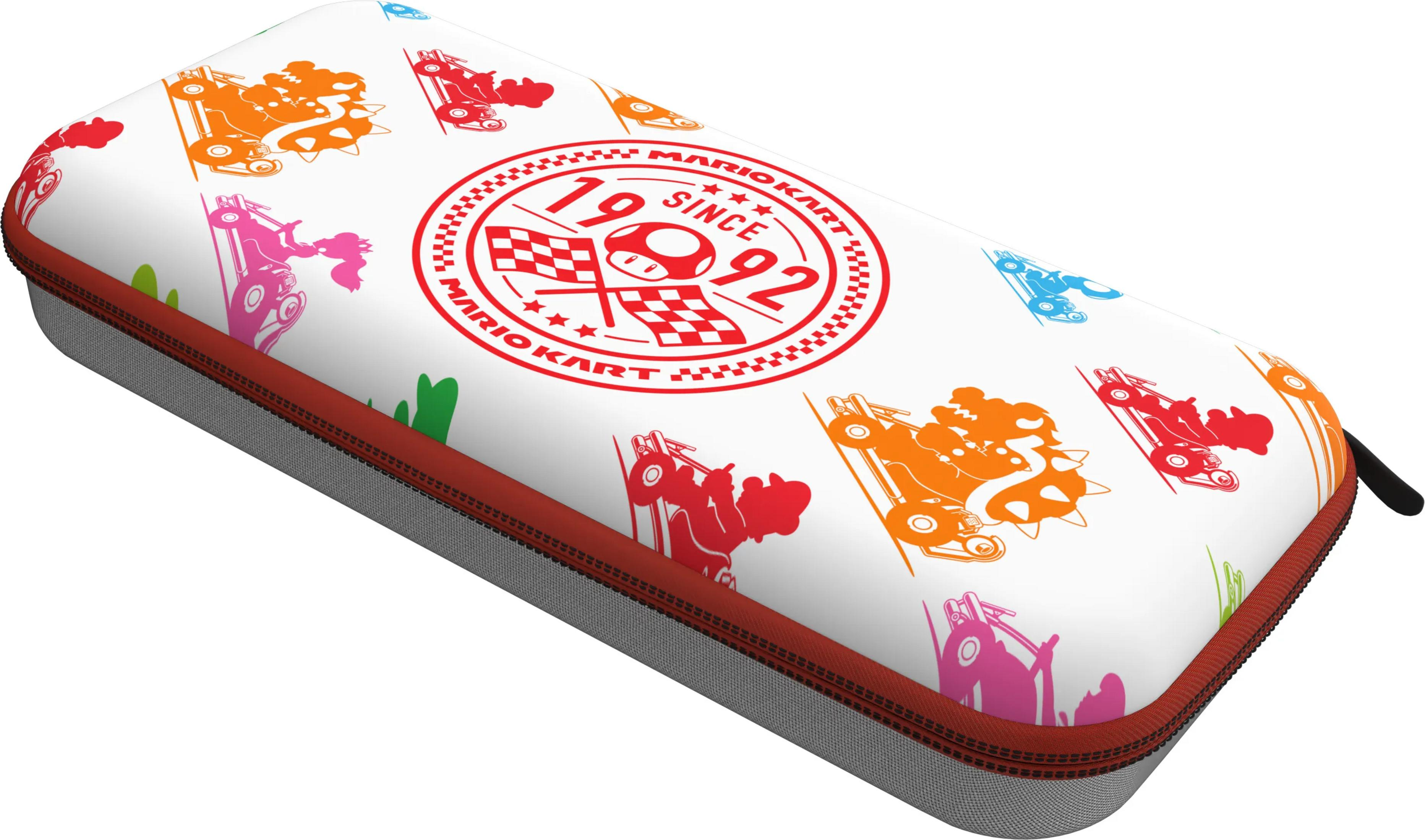 Funda blanca con personajes coloridos de Mario Kart y un emblema central.