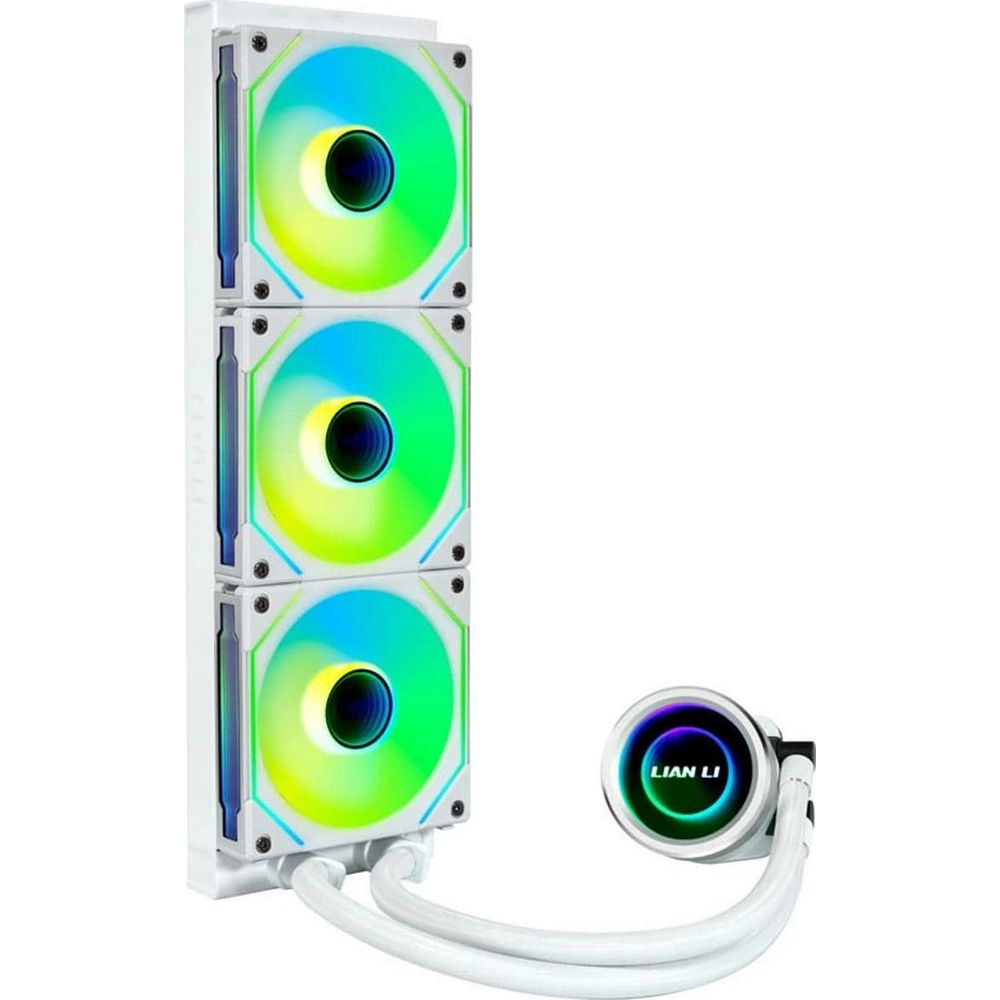 Un refroidisseur PC blanc avec trois ventilateurs RVB et une pompe ronde.
