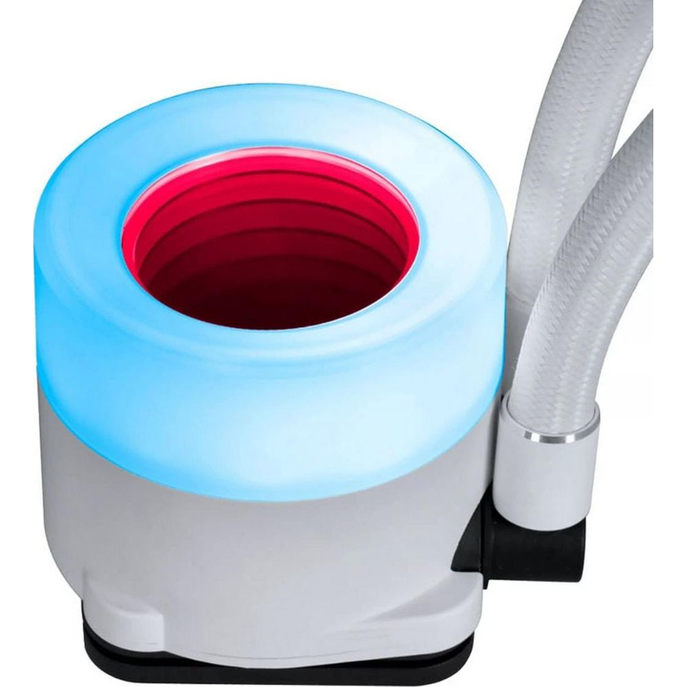 Bloc blanc de watercooling PC avec lumière bleue dessus et anneaux rouges à l'intérieur.