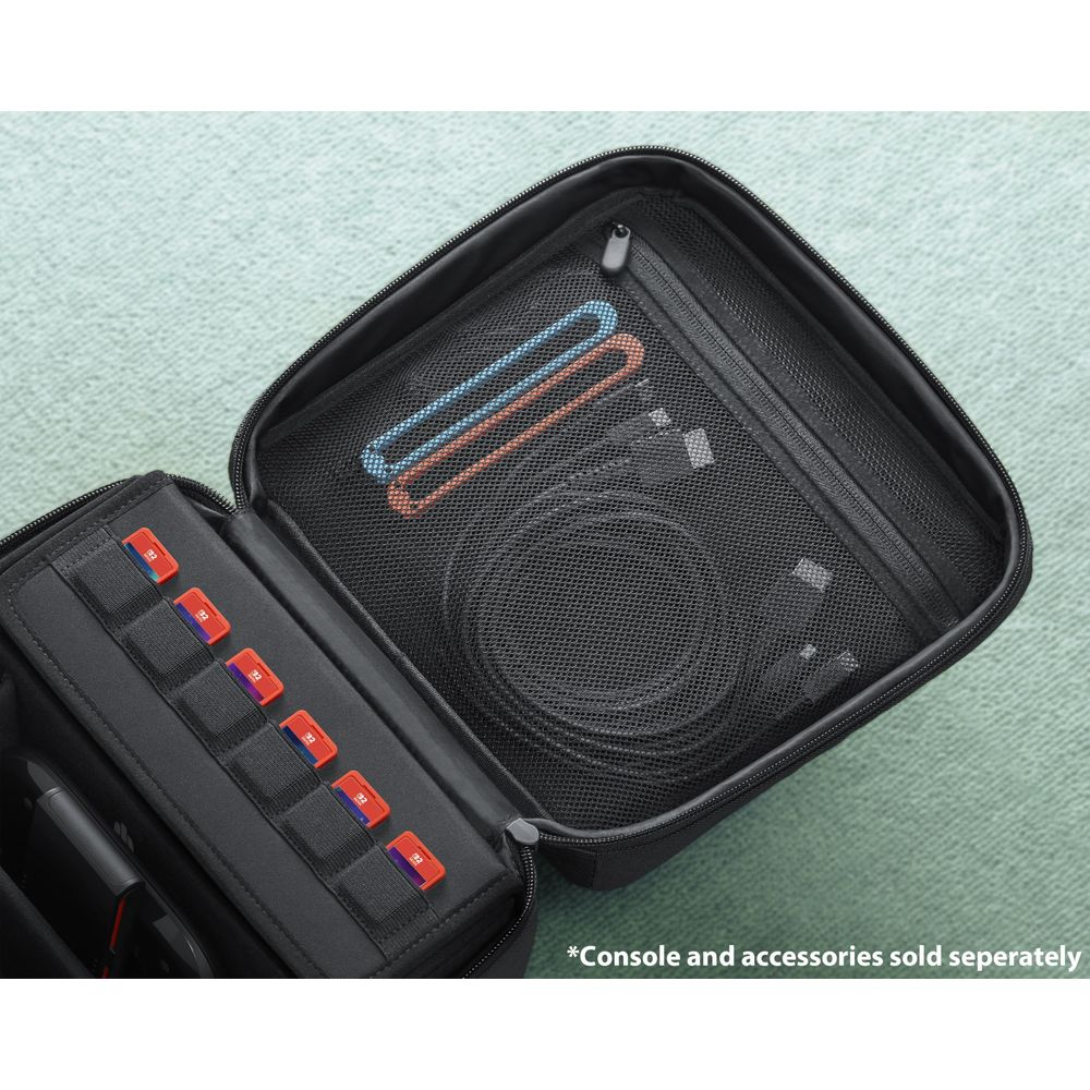 Otwarta czarna torba z kartami SD po lewej, kablami i paskami po prawej.