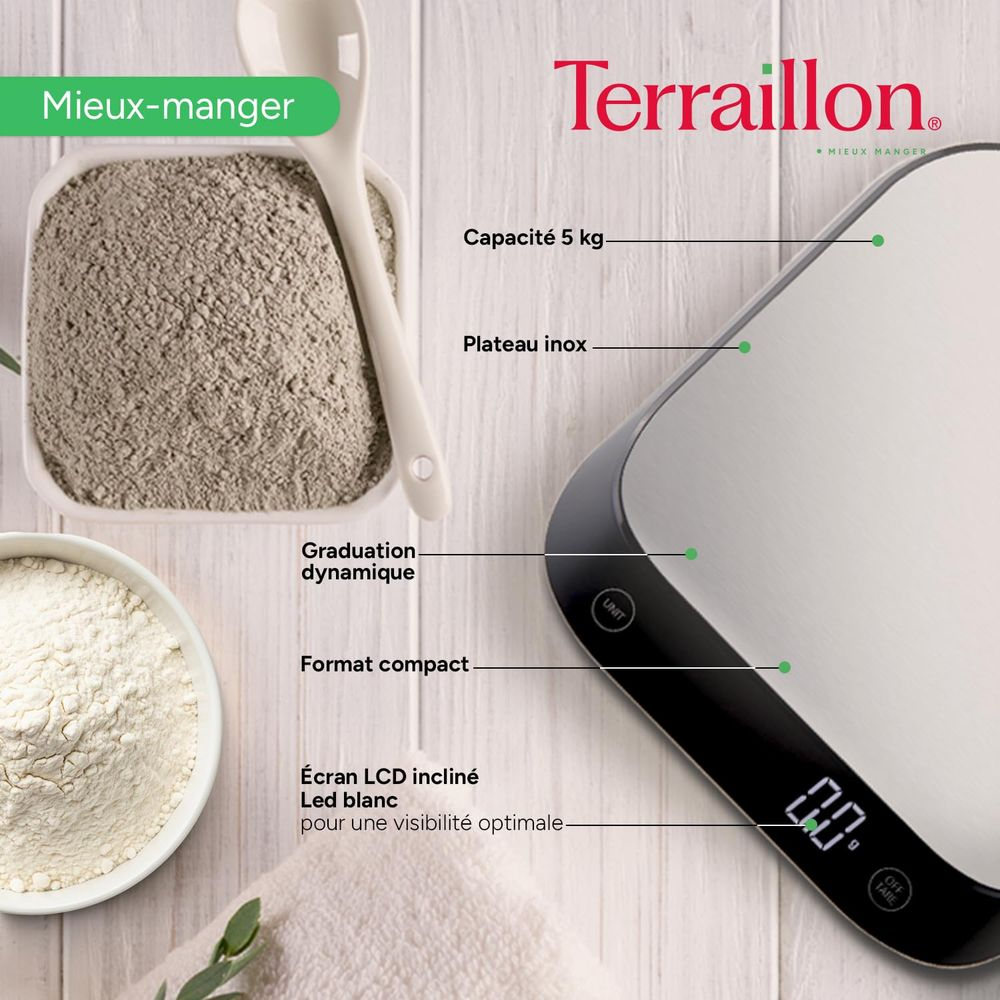 Küchenwaage mit Edelstahloberfläche, 5kg Kapazität, LCD-Display, und Behälter mit Pulver.