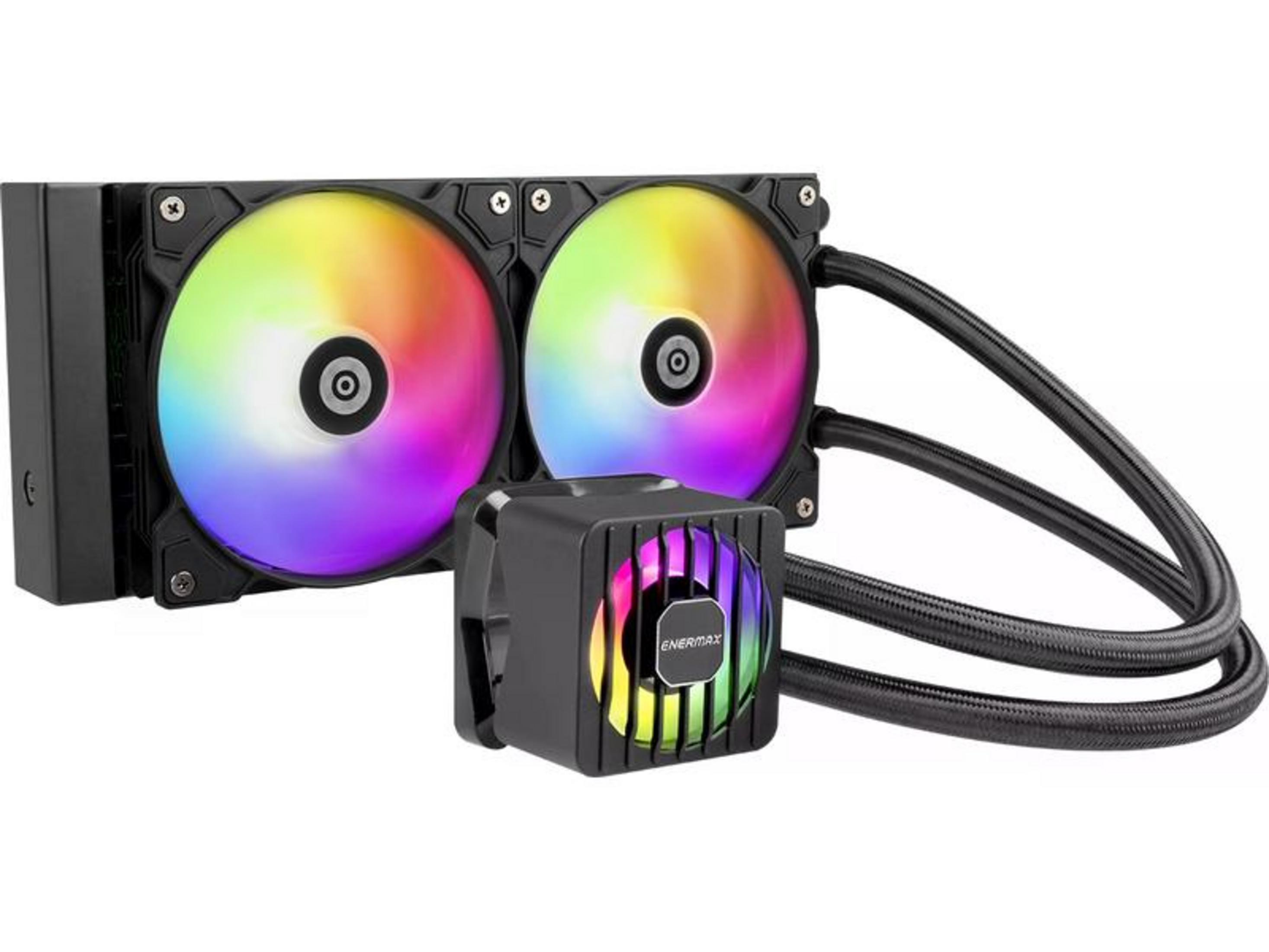Czarna chłodnica CPU z dwoma wentylatorami RGB i głowicą pompy.