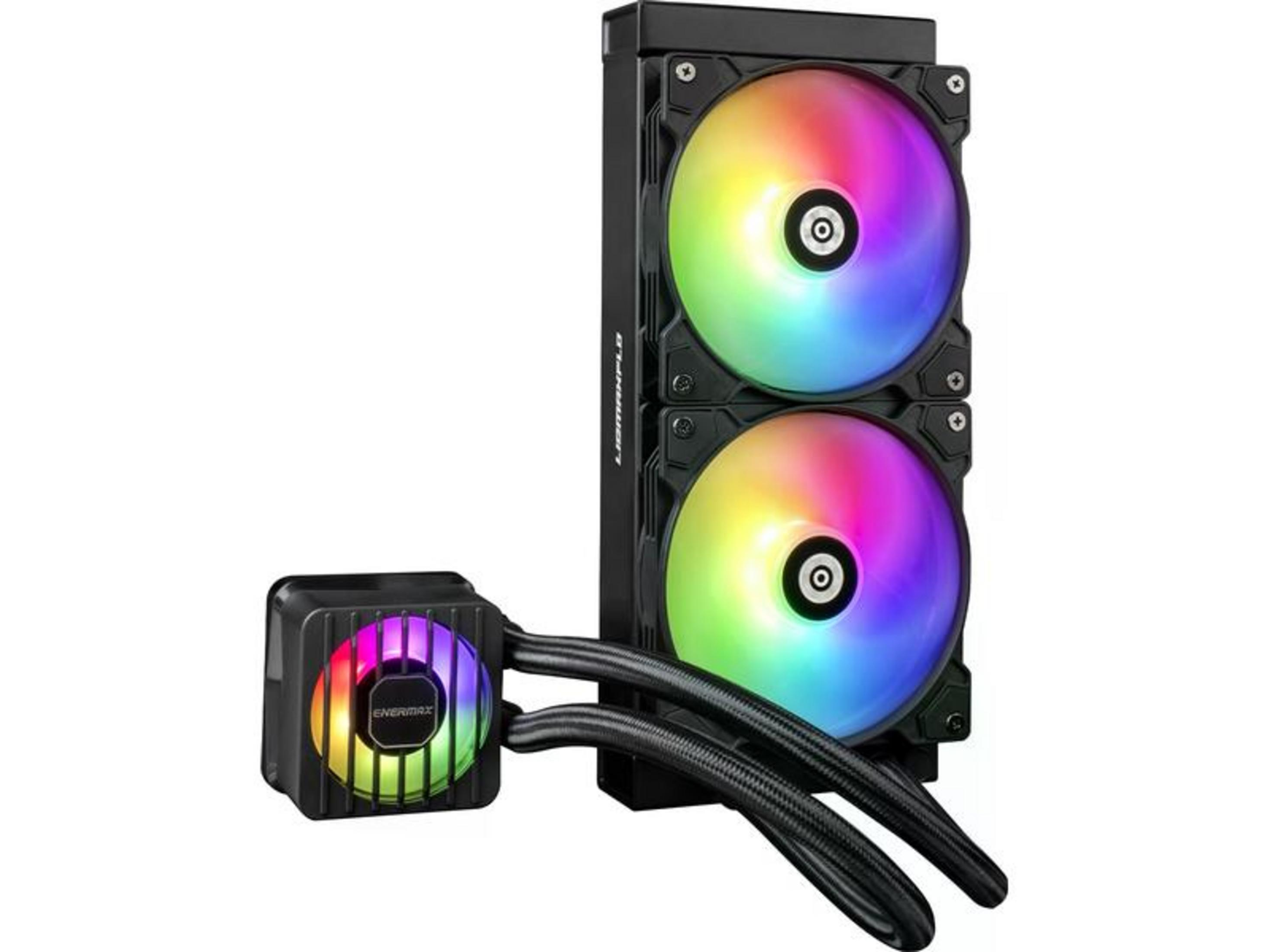 Czarna chłodnica procesora z wentylatorami RGB i wężami.