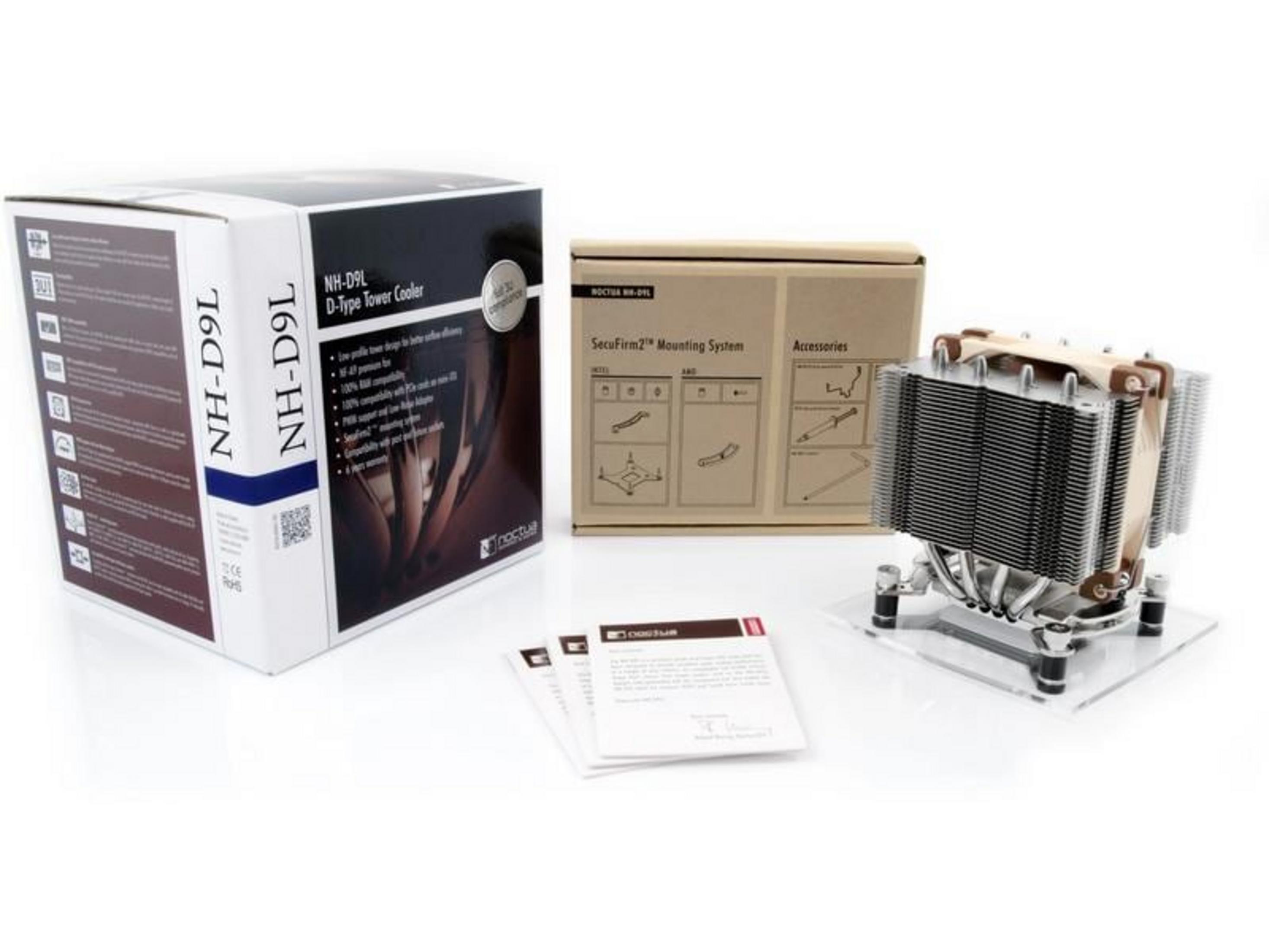Chłodzenie CPU Noctua z pudełkiem, instrukcją montażu i akcesoriami na białym tle.