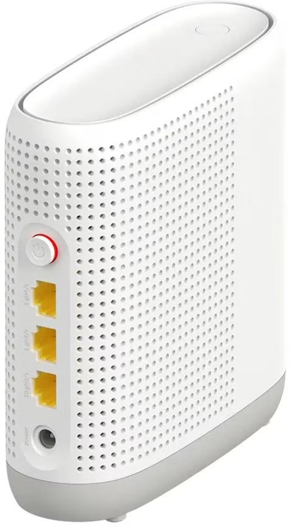 Un routeur blanc avec des trous d'aération et des ports Ethernet jaunes.