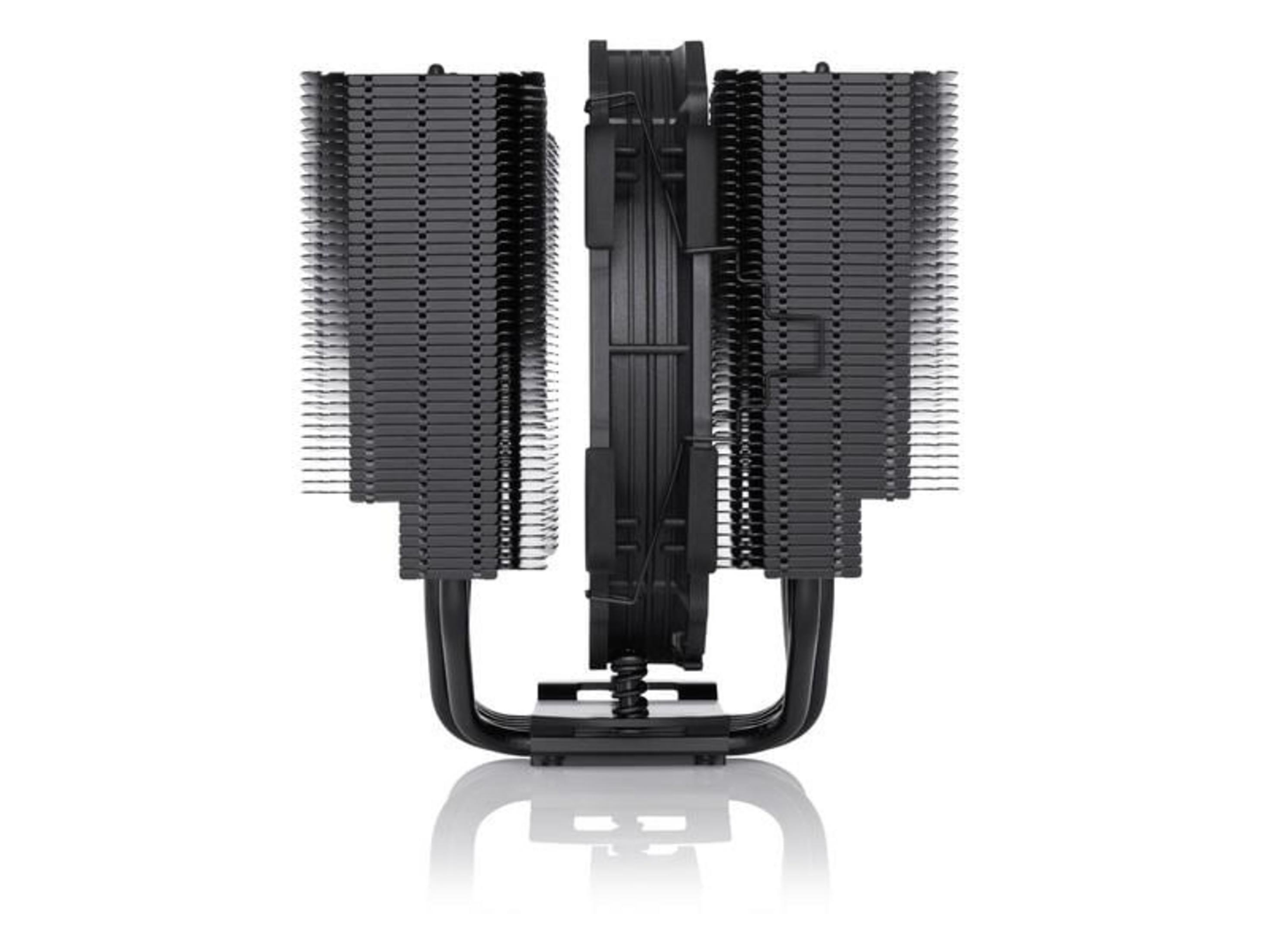 Czarny cooler CPU z dwoma wentylatorami i wieloma żeberkami.