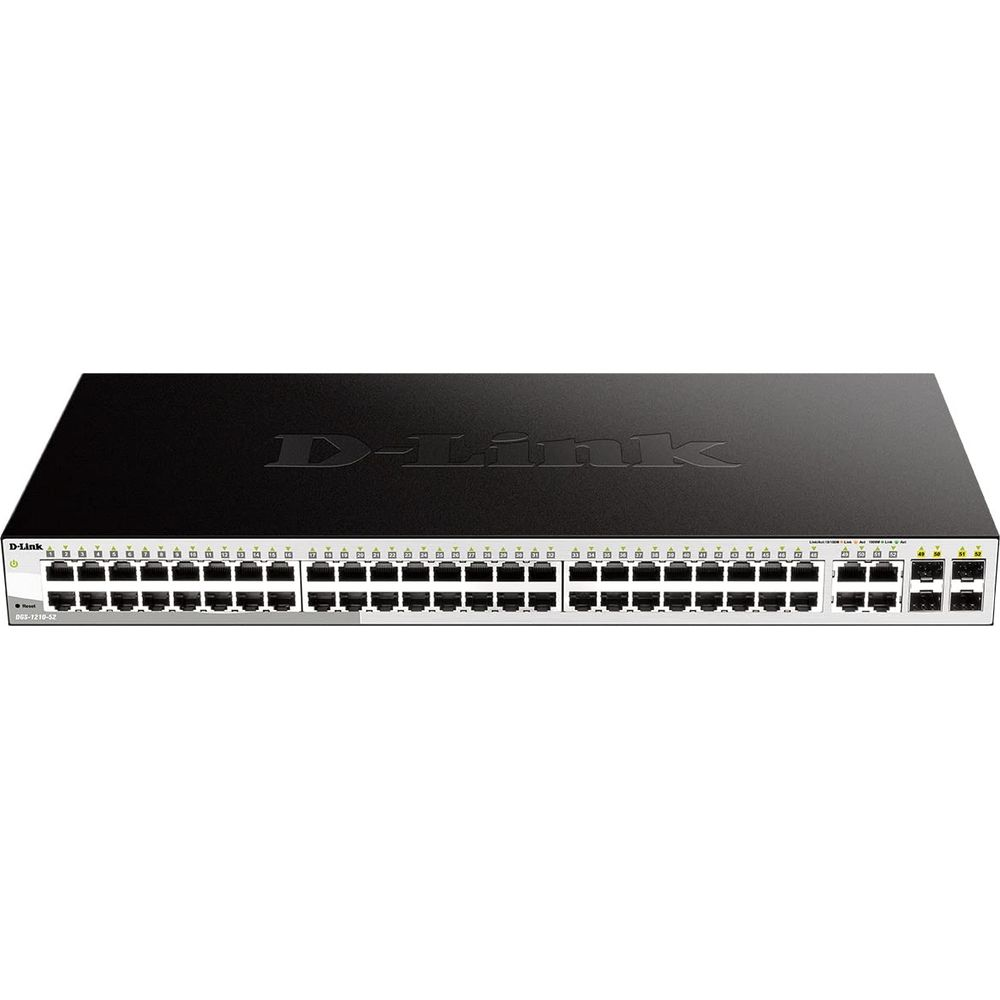 Een zwarte D-Link netwerkswitch met vele poorten.