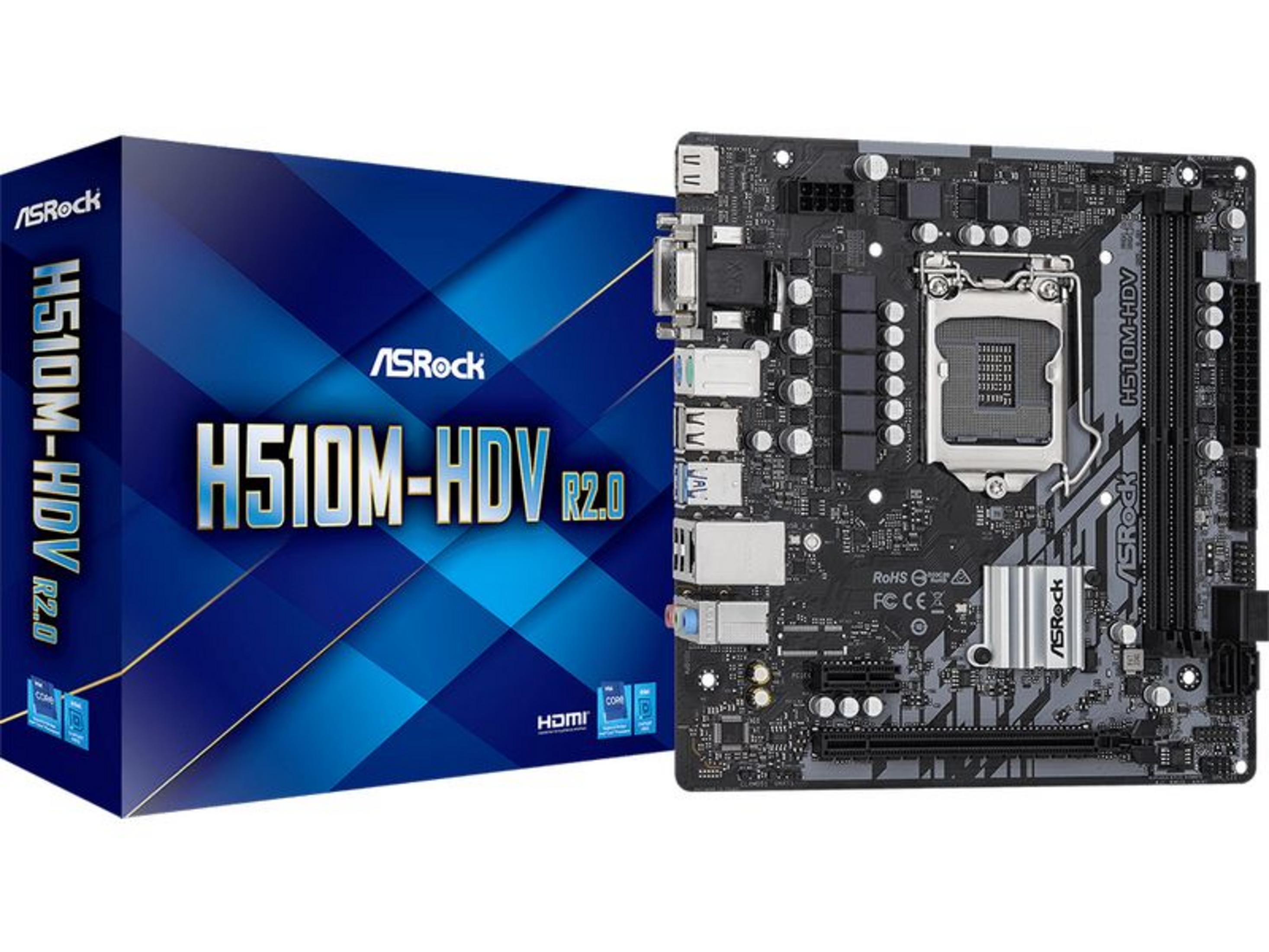 Płyta główna ASRock H510M-HDV R2.0 i jej pudełko. Zbliżenie na porty.