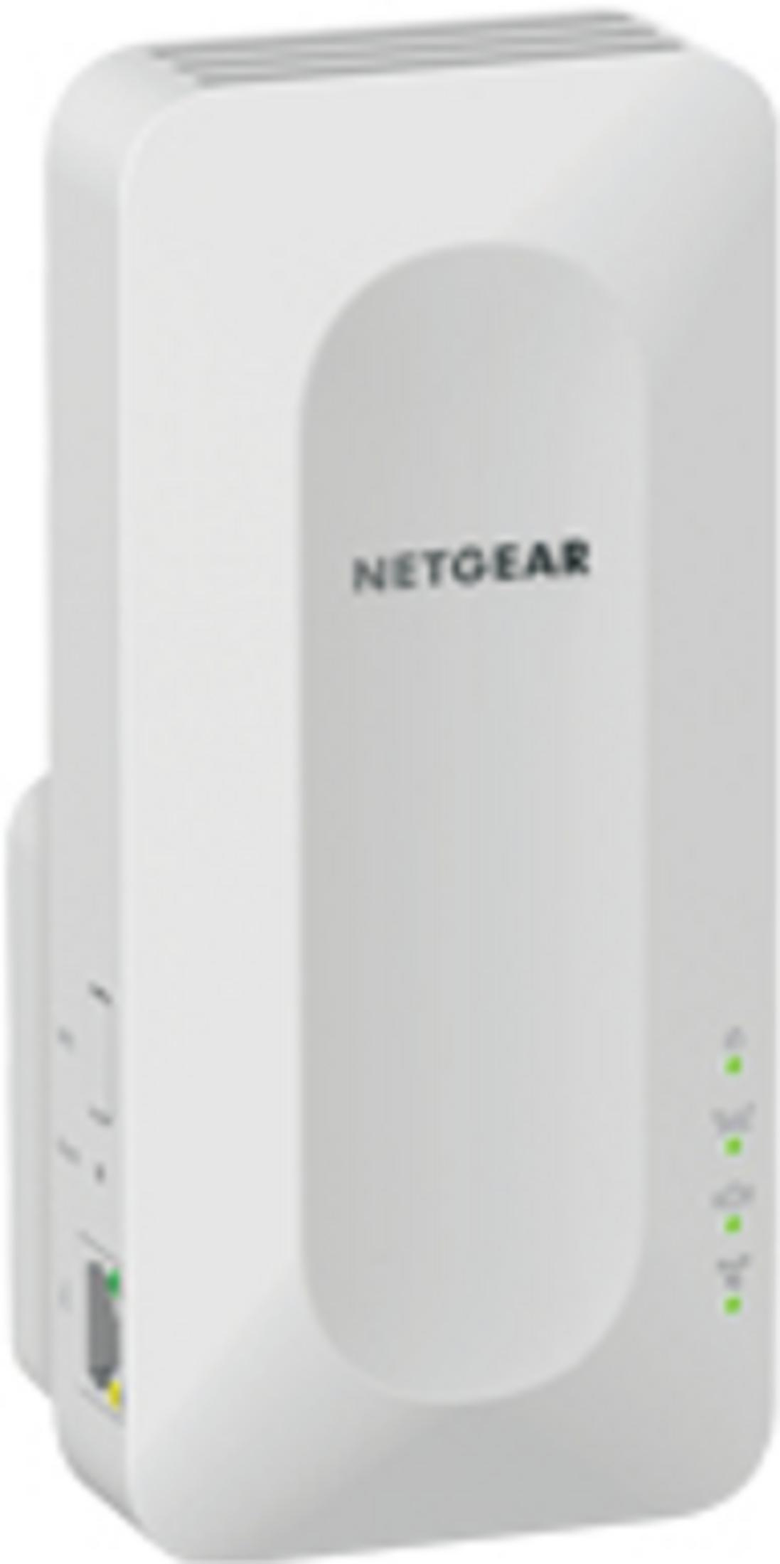 Ein weißer Netgear WLAN-Verstärker mit grünen LEDs und Ethernet-Anschluss.