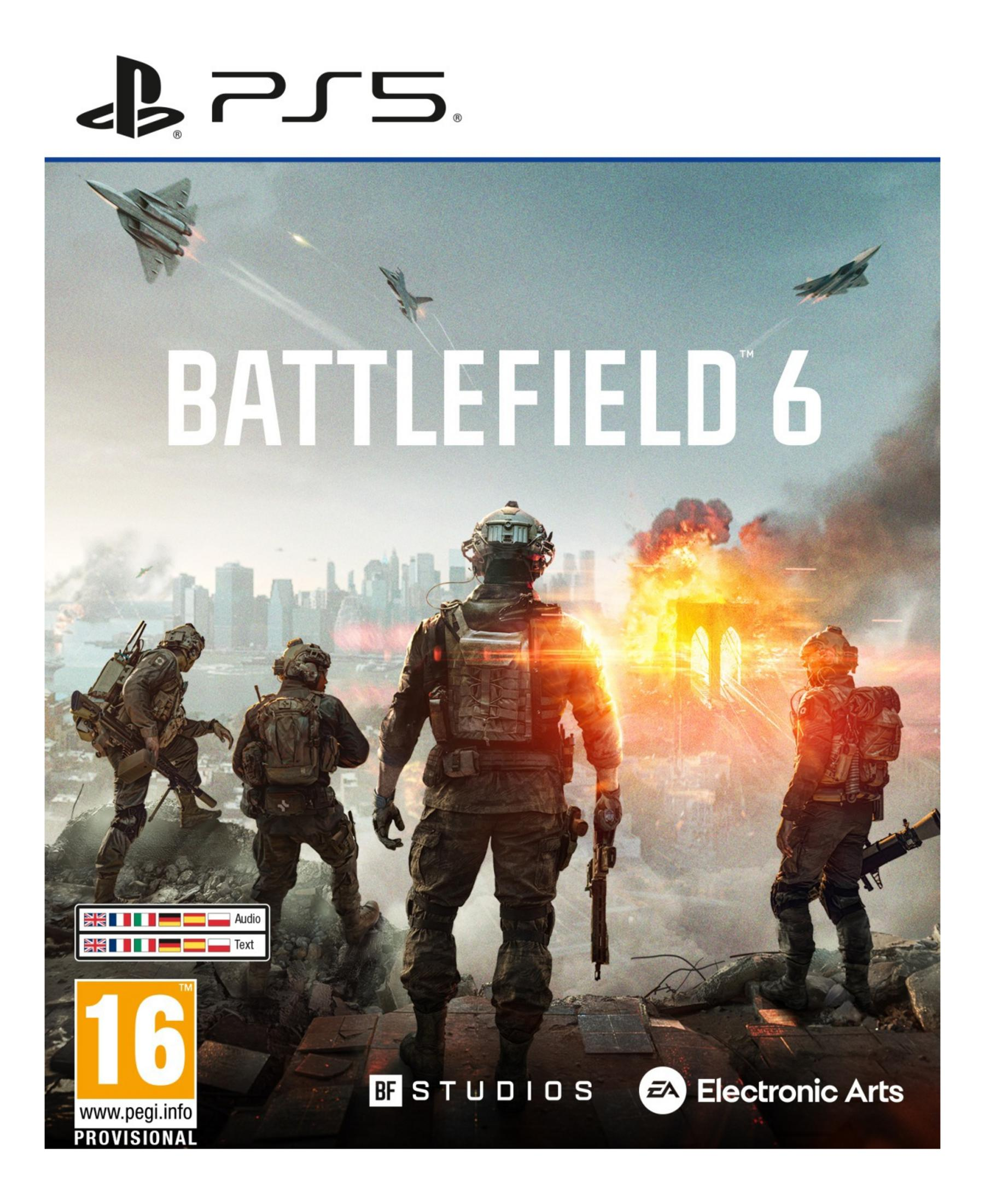 Copertina di Battlefield 6 con soldati e jet davanti a una città in fiamme.