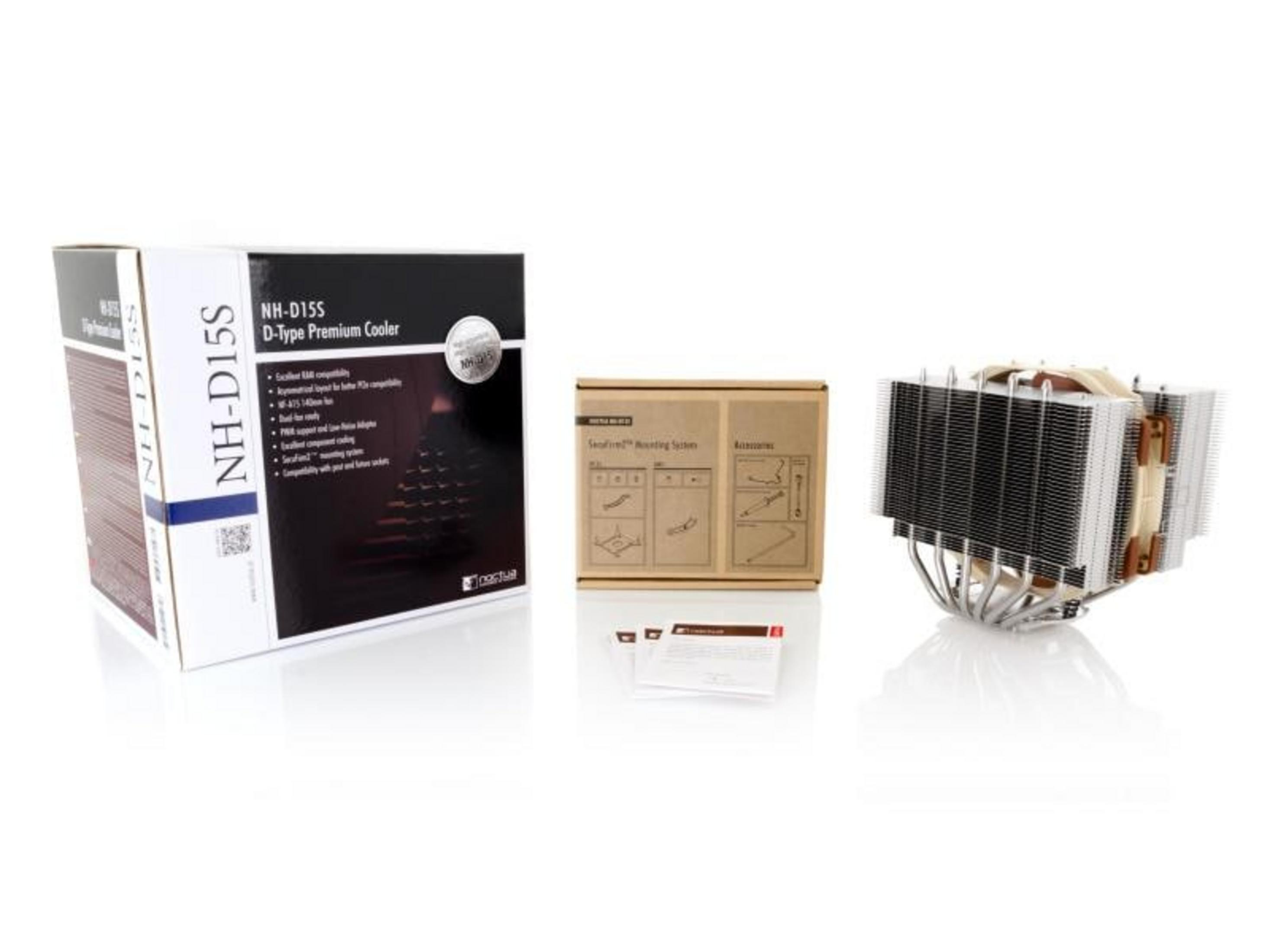 Chłodnica procesora Noctua NH-D15S z opakowaniem i akcesoriami na białym tle.