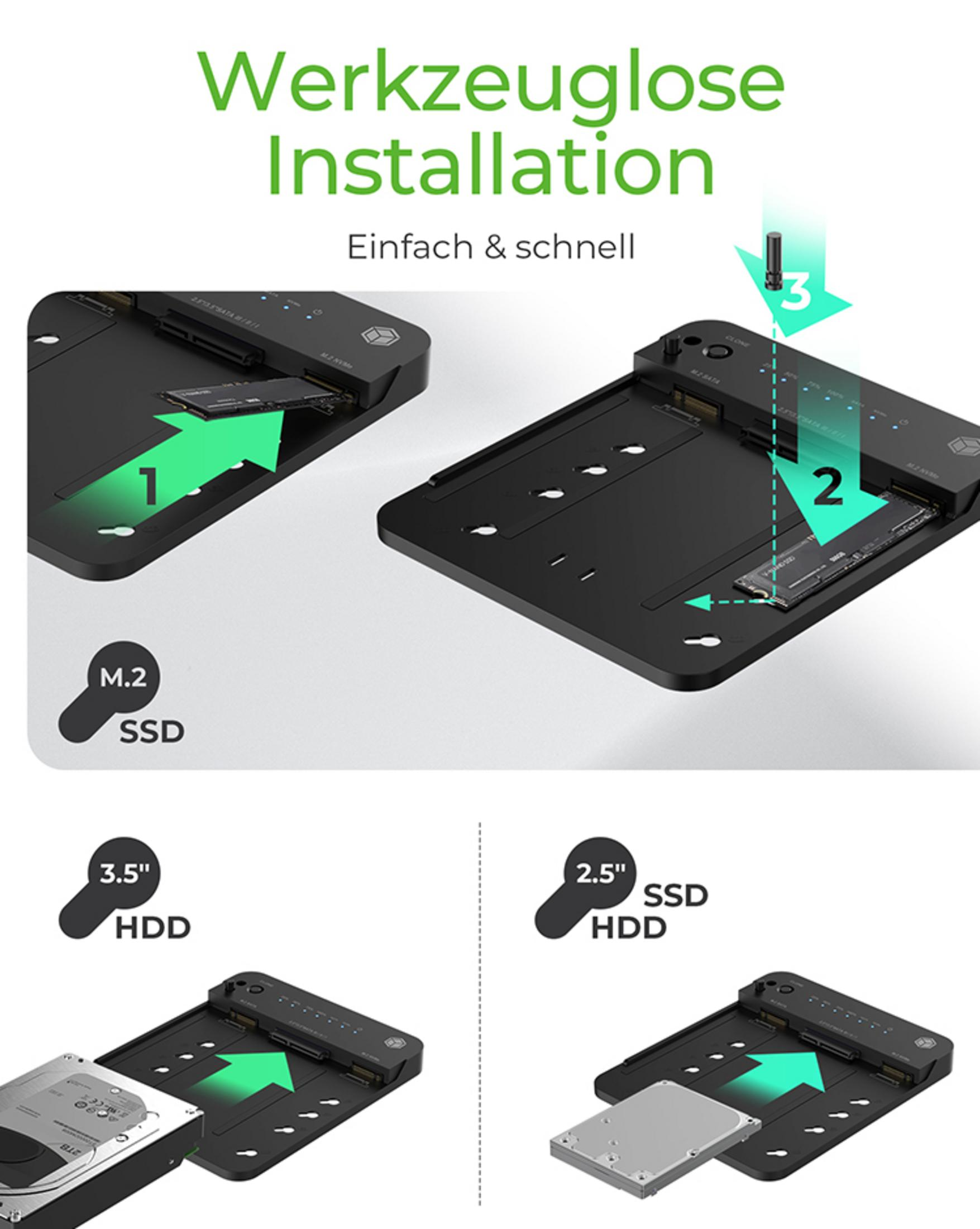 Anleitung zur werkzeuglosen Installation von M.2 SSDs, 3.5" HDDs und 2.5" SSDs/HDDs.