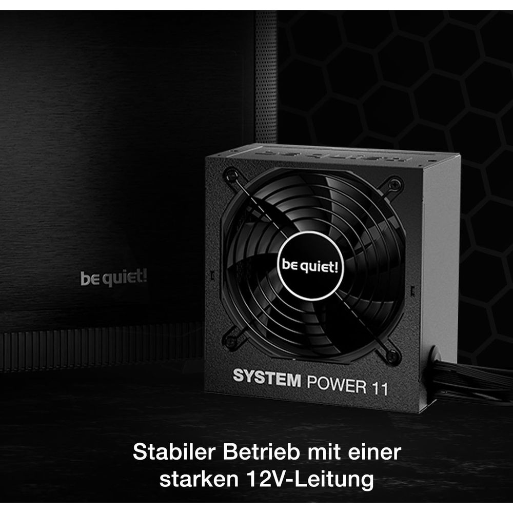 Czarny zasilacz z wentylatorem i logo 'be quiet!'. System Power 11.