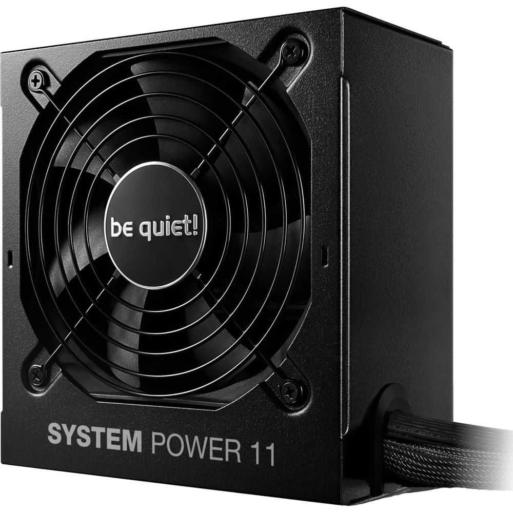 Czarny zasilacz komputerowy z wentylatorem i logo "be quiet!".