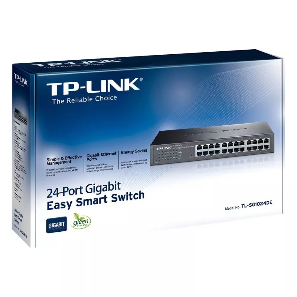 Pudełko TP-Link 24-Port Gigabit Easy Smart Switch z obrazem urządzenia.
