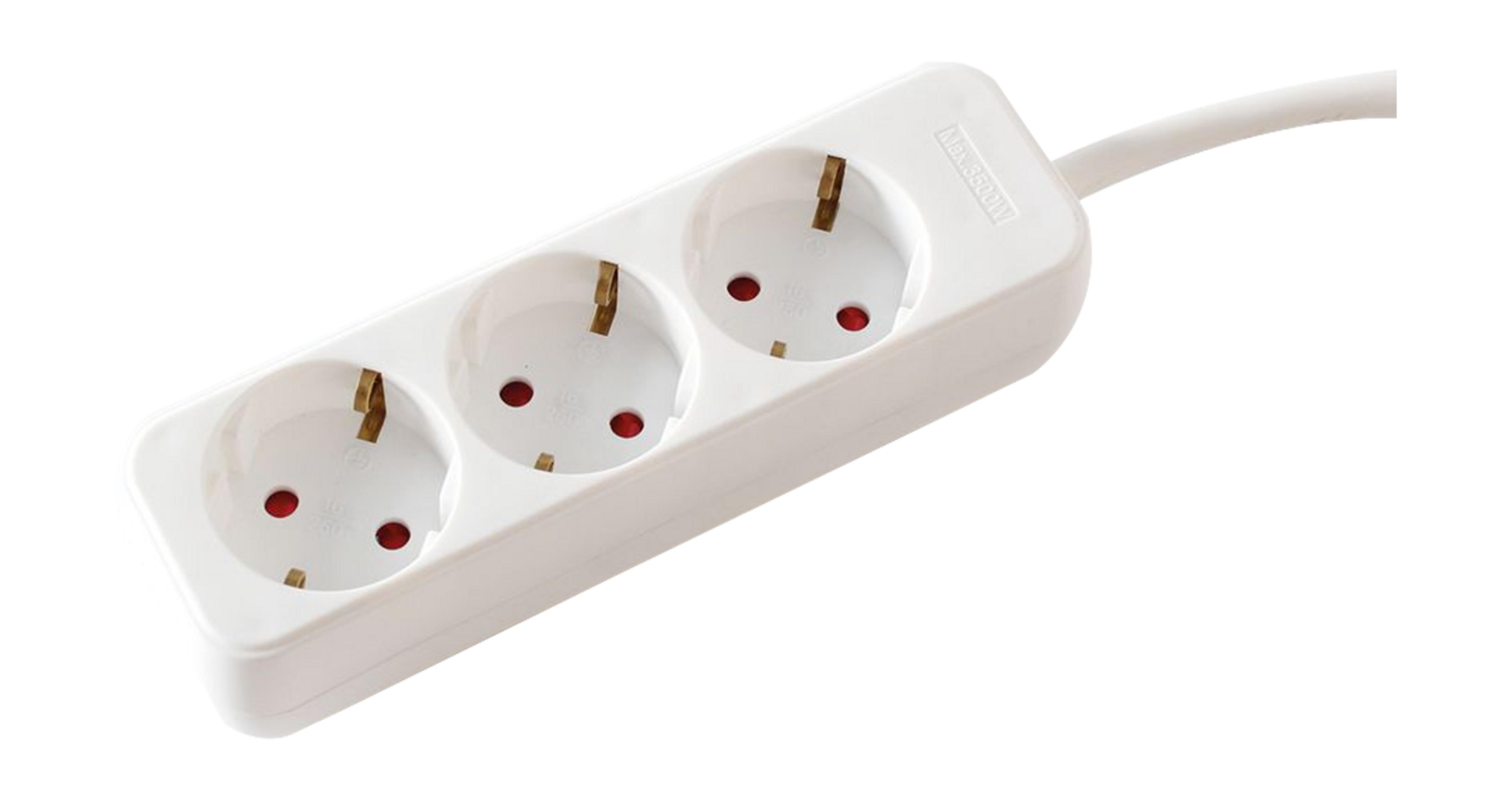 Biała listwa zasilająca z trzema gniazdami Schuko i kablem.