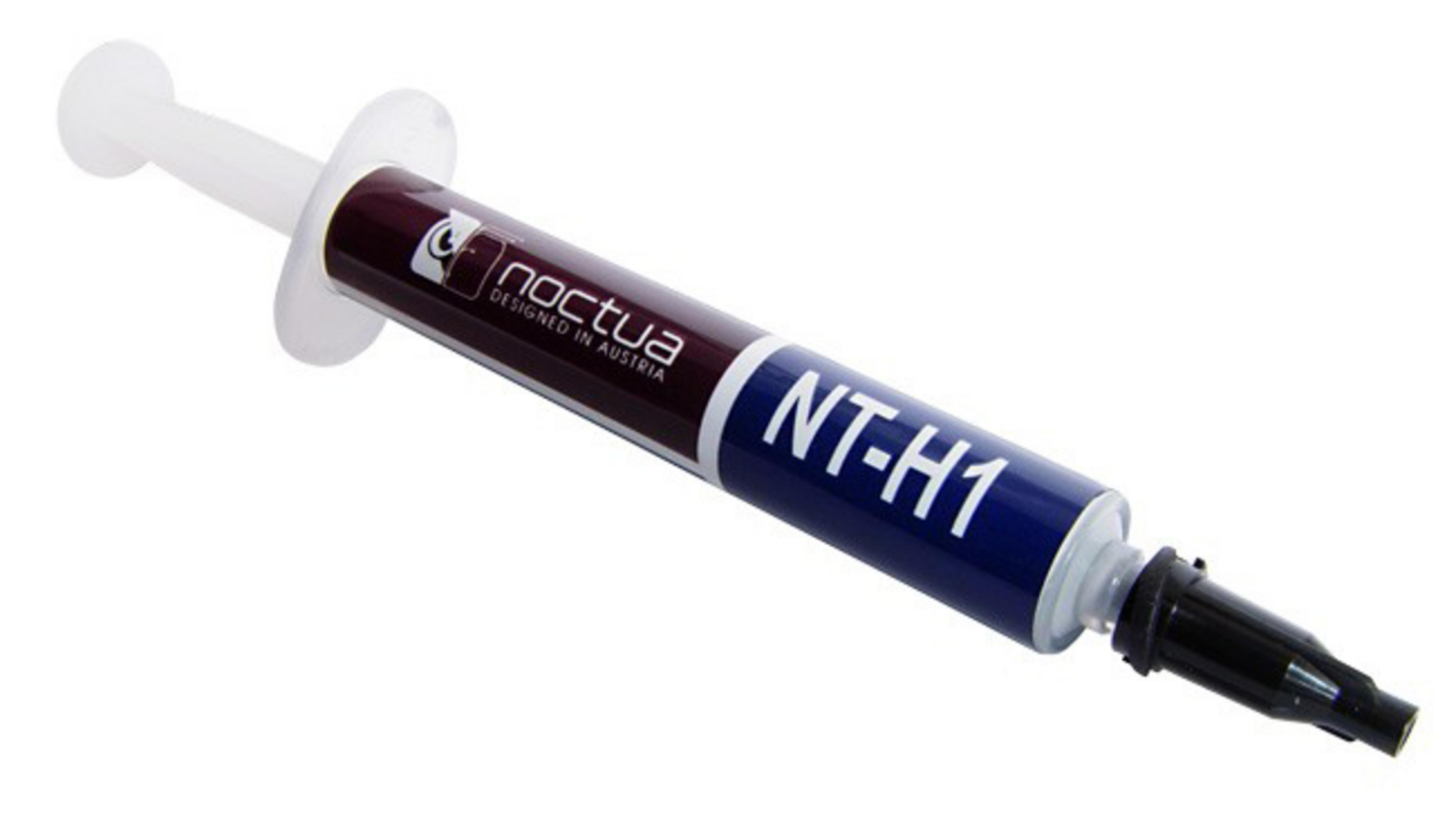 Una siringa di pasta termica Noctua NT-H1, stantuffo bianco, corpo bordeaux.