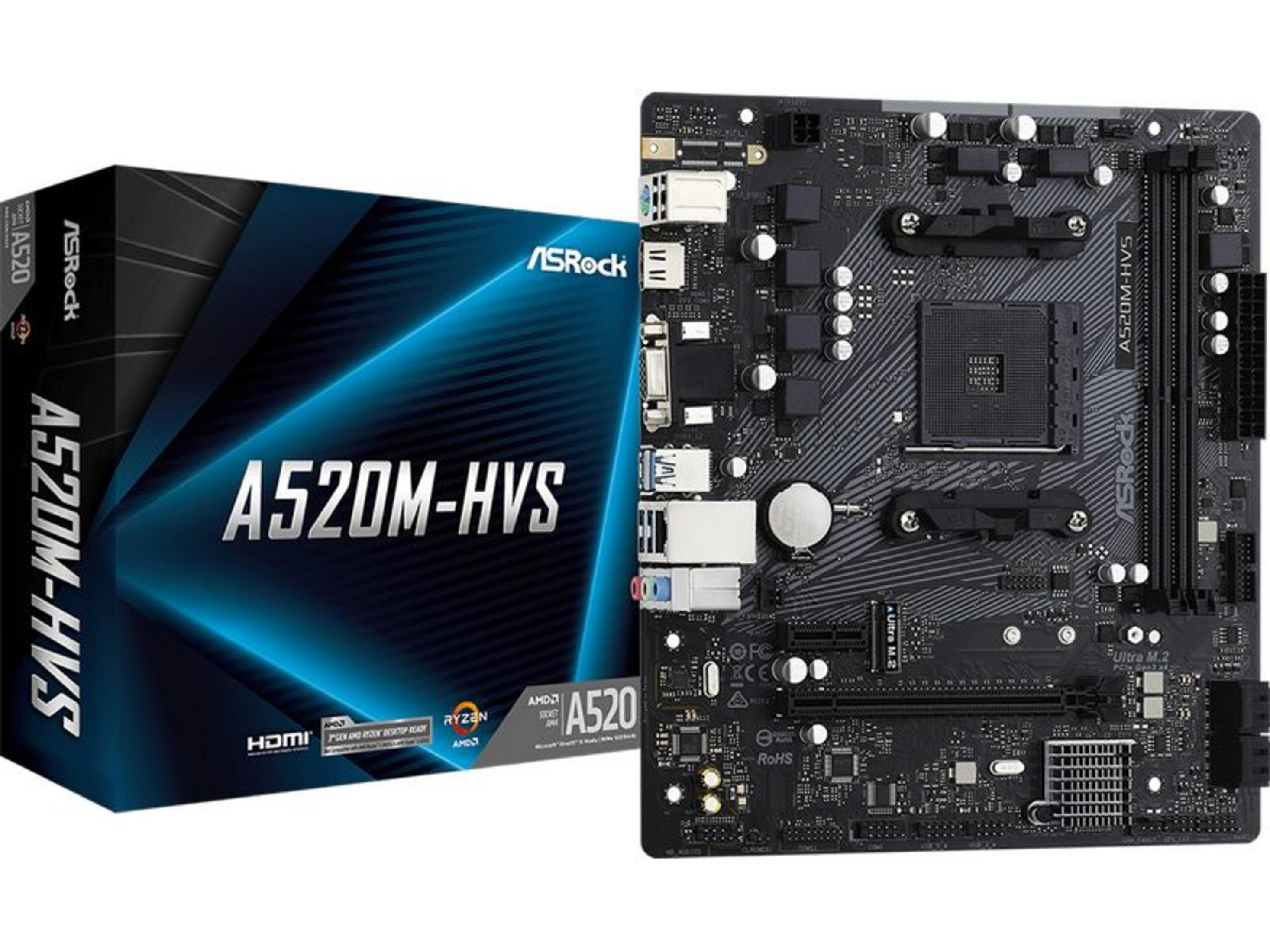 Płyta główna ASRock A520M-HVS i obok niej pudełko.