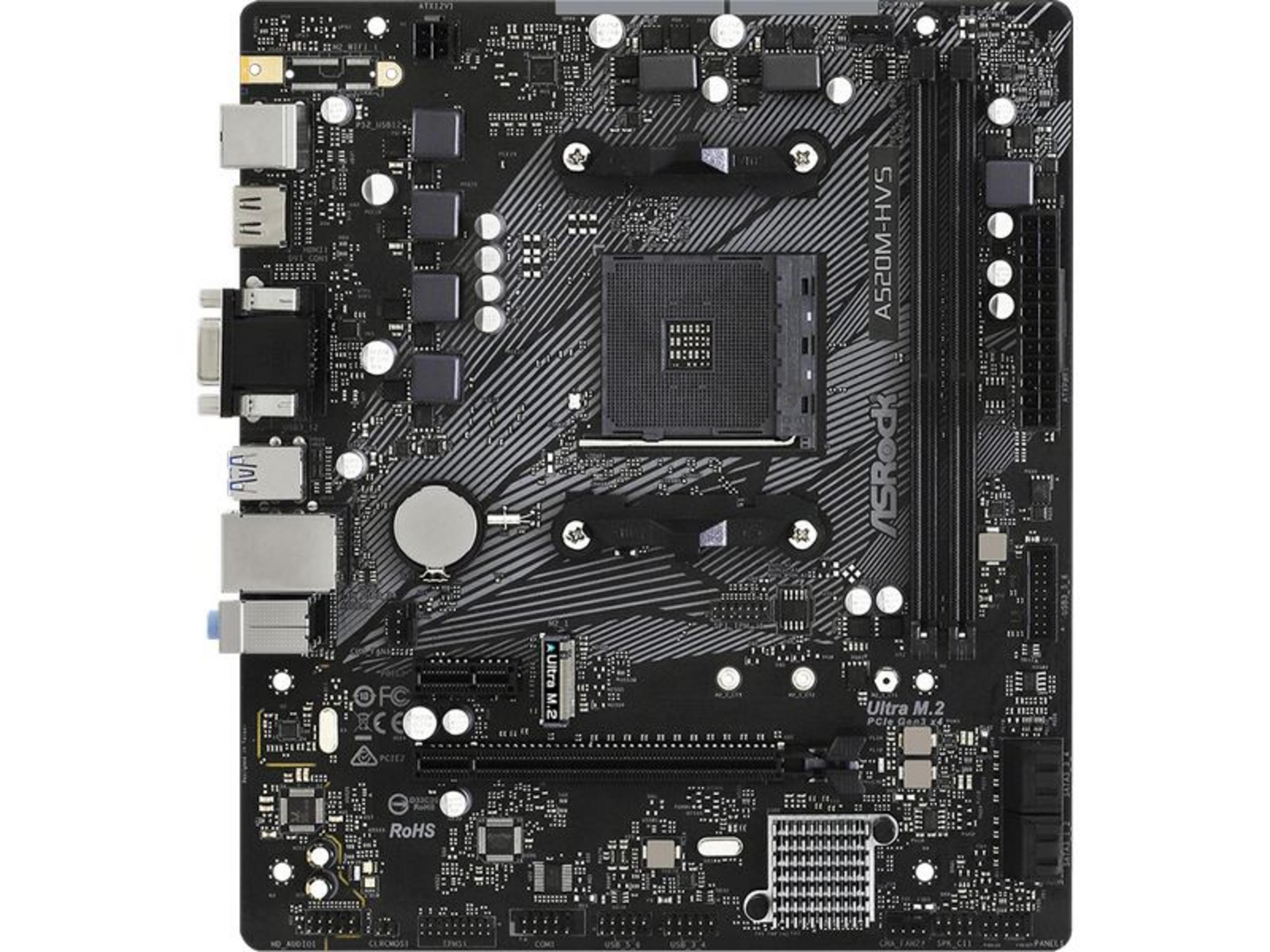 Czarna płyta główna ASRock A520M-HVS ze srebrnymi detalami i portami.
