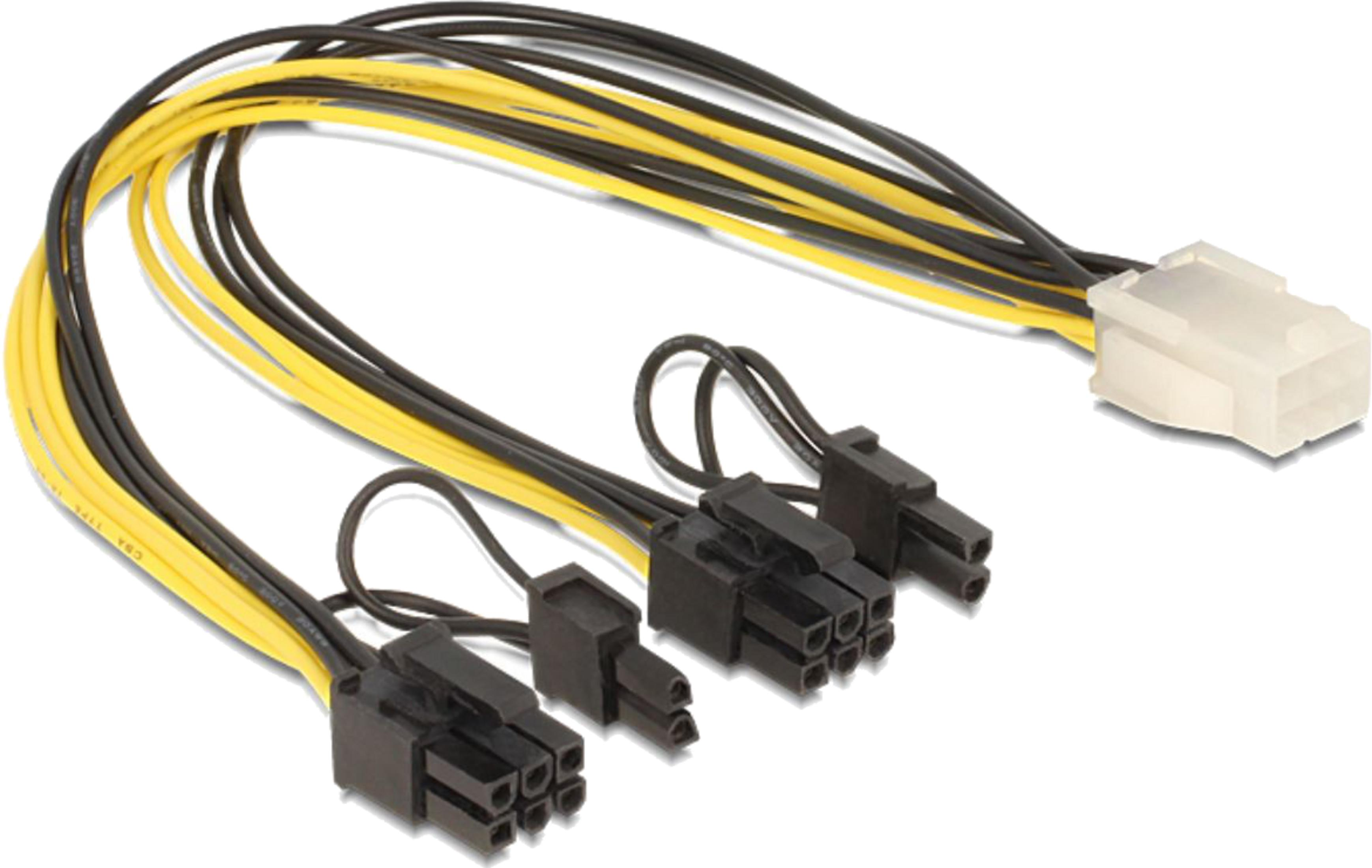 Un cavo adattatore con fili gialli e neri e connettori multipli.