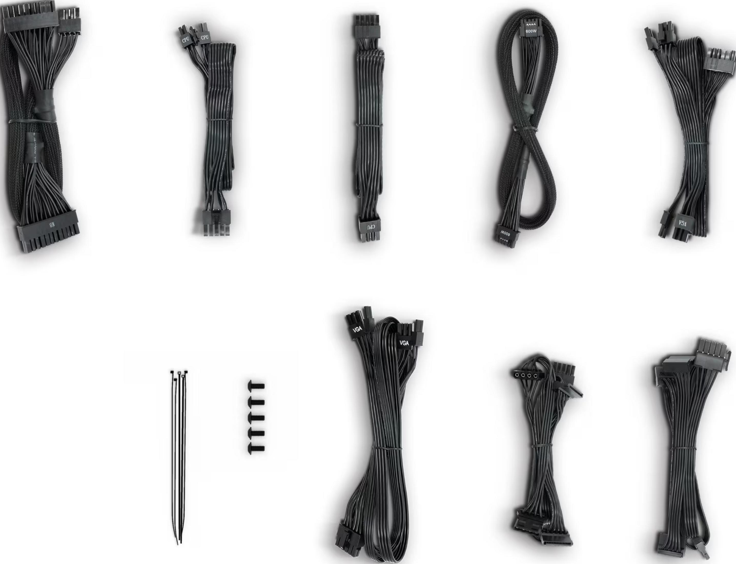 Kilka czarnych kabli komputerowych, w tym kable CPU, VGA i płyty głównej, plus opaski kablowe i śruby.
