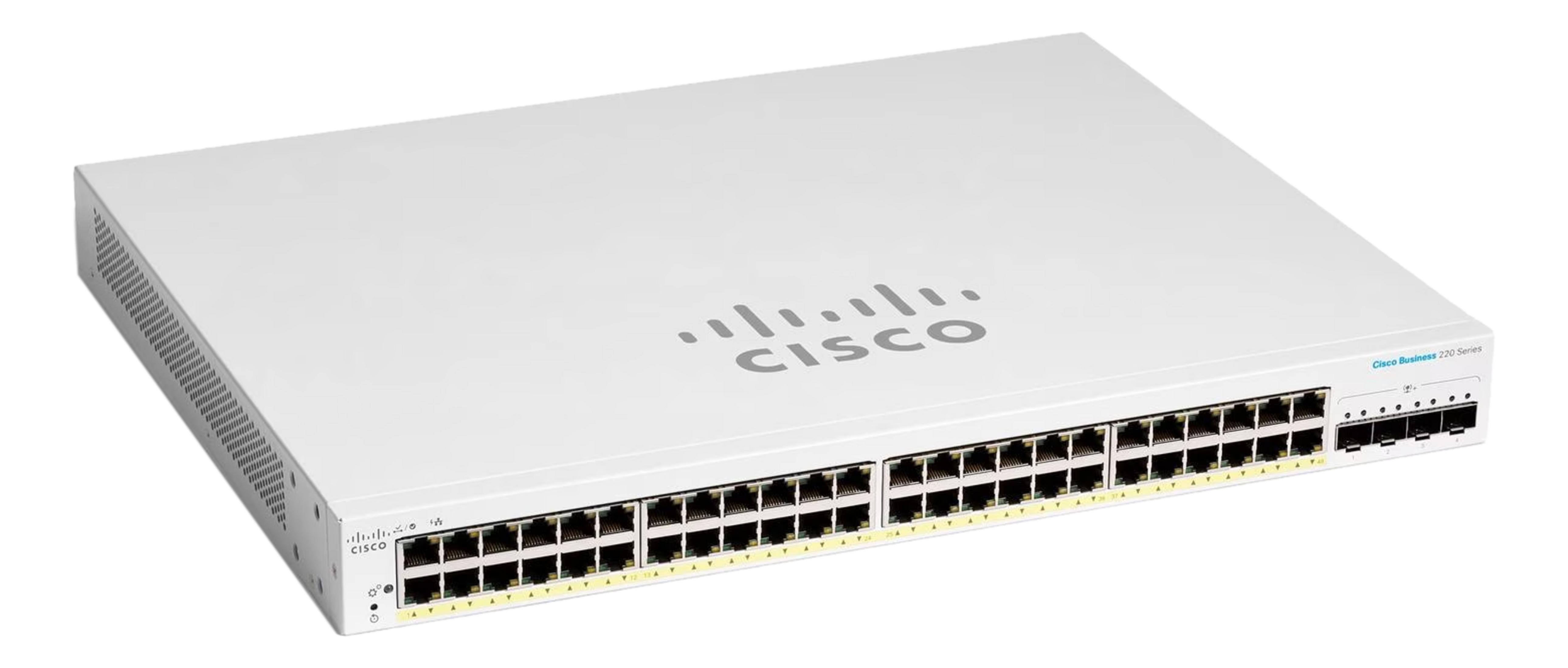 Biały przełącznik Cisco Business 220 Series z wieloma portami Ethernet.