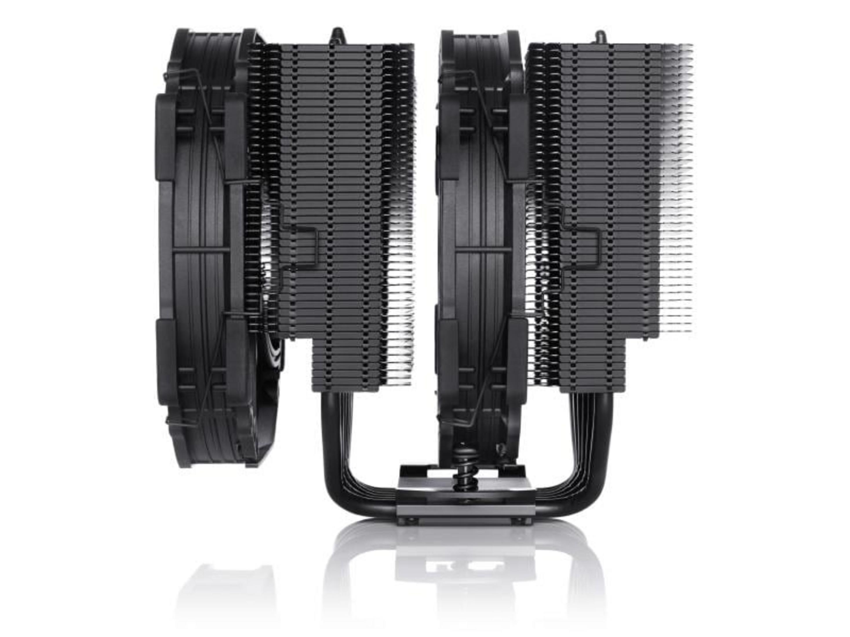 Czarna chłodnica CPU z dwoma wentylatorami i radiatorami, na białym tle.