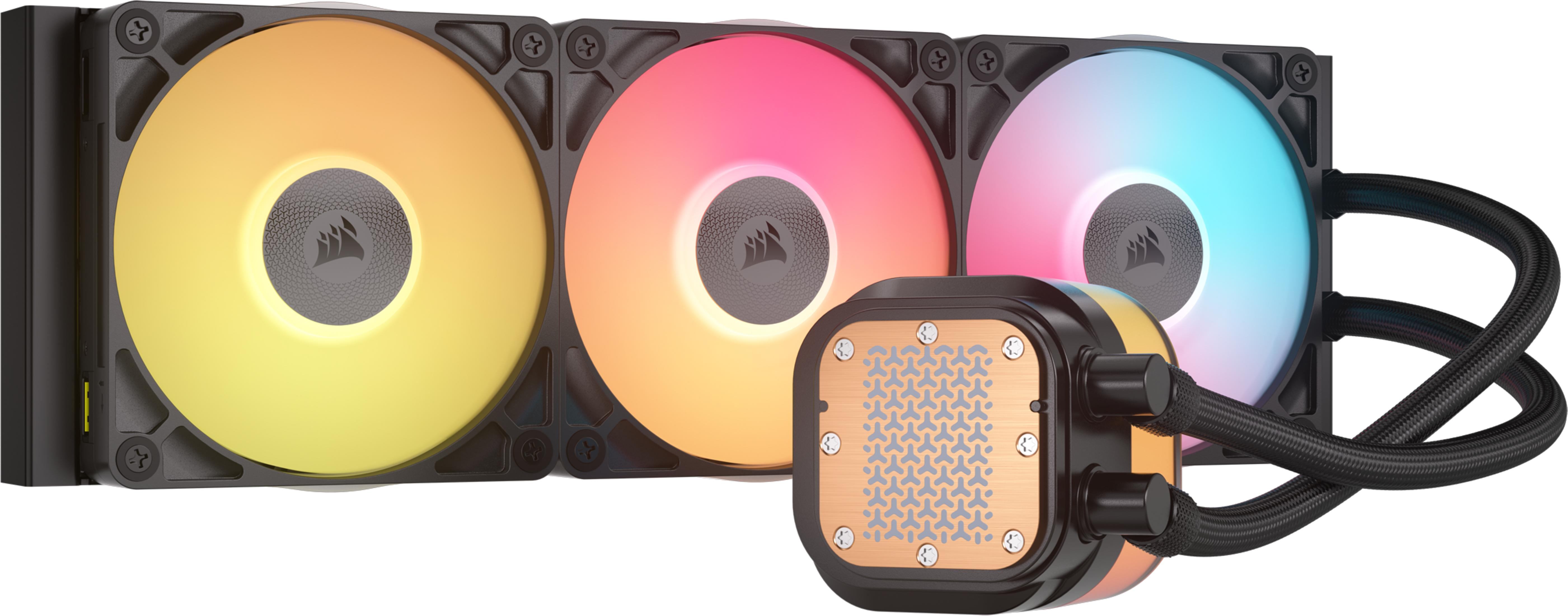 A CPU cooler with three RGB fans and a copper water pump.