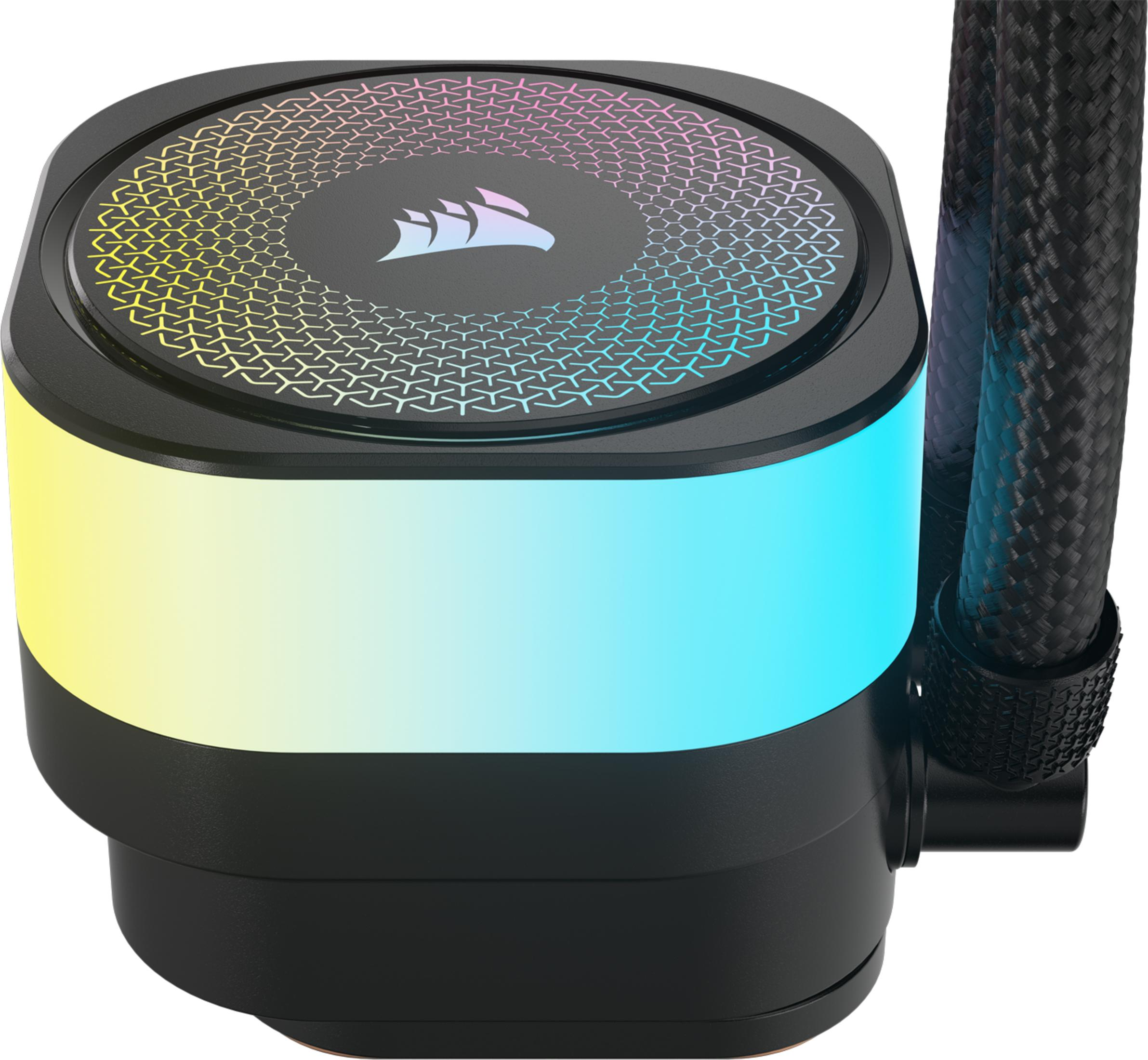 Czarna pompa chłodząca CPU z podświetleniem RGB i logo Corsair.