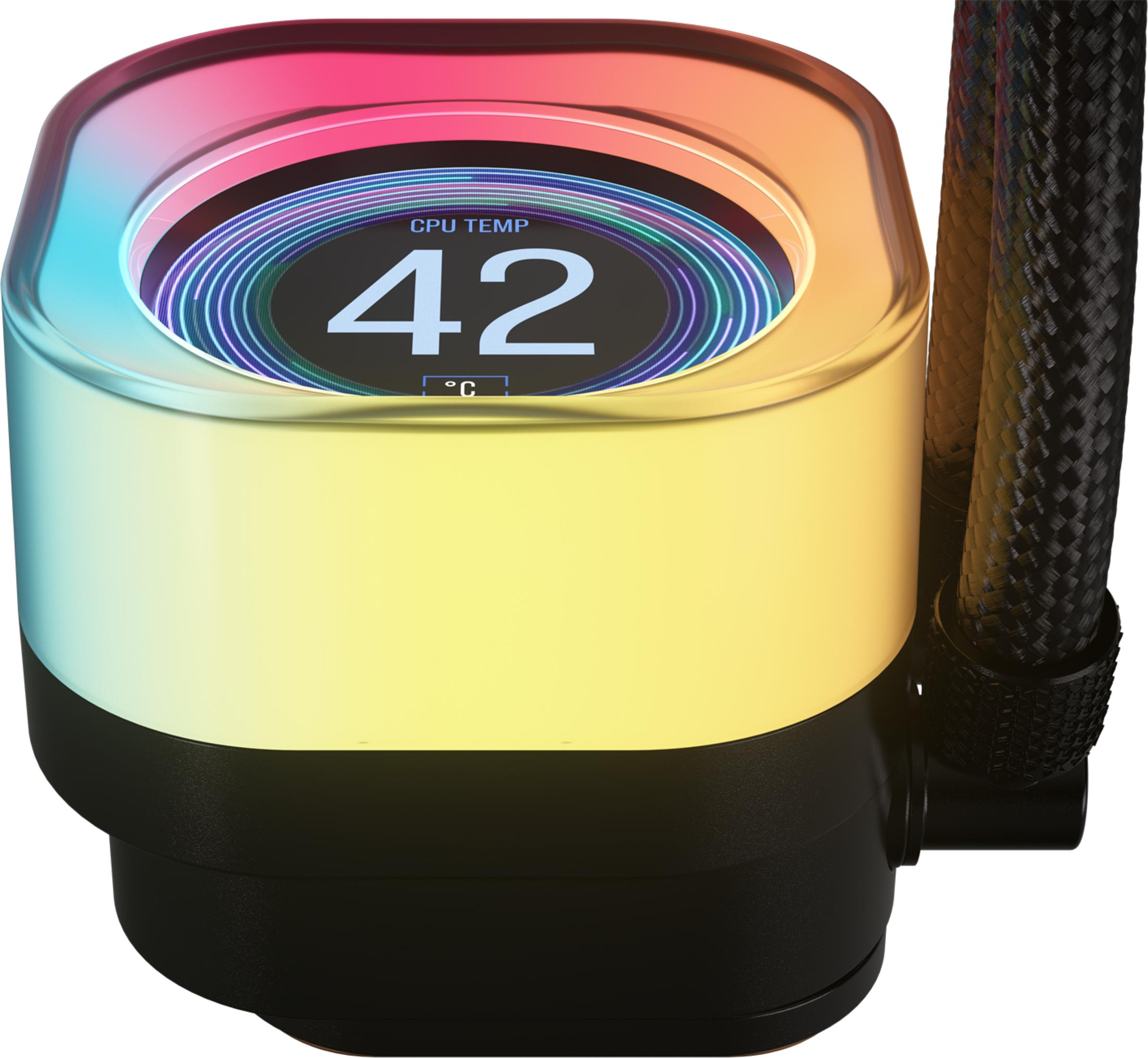 A liquid cooler pump with a digital display showing 42°C CPU temp.
