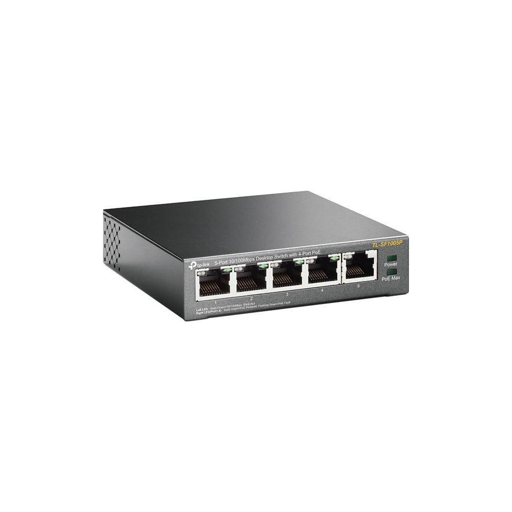 Een zwarte TP-Link 5-poorts desktop switch met 4 PoE-poorten en power LED's.