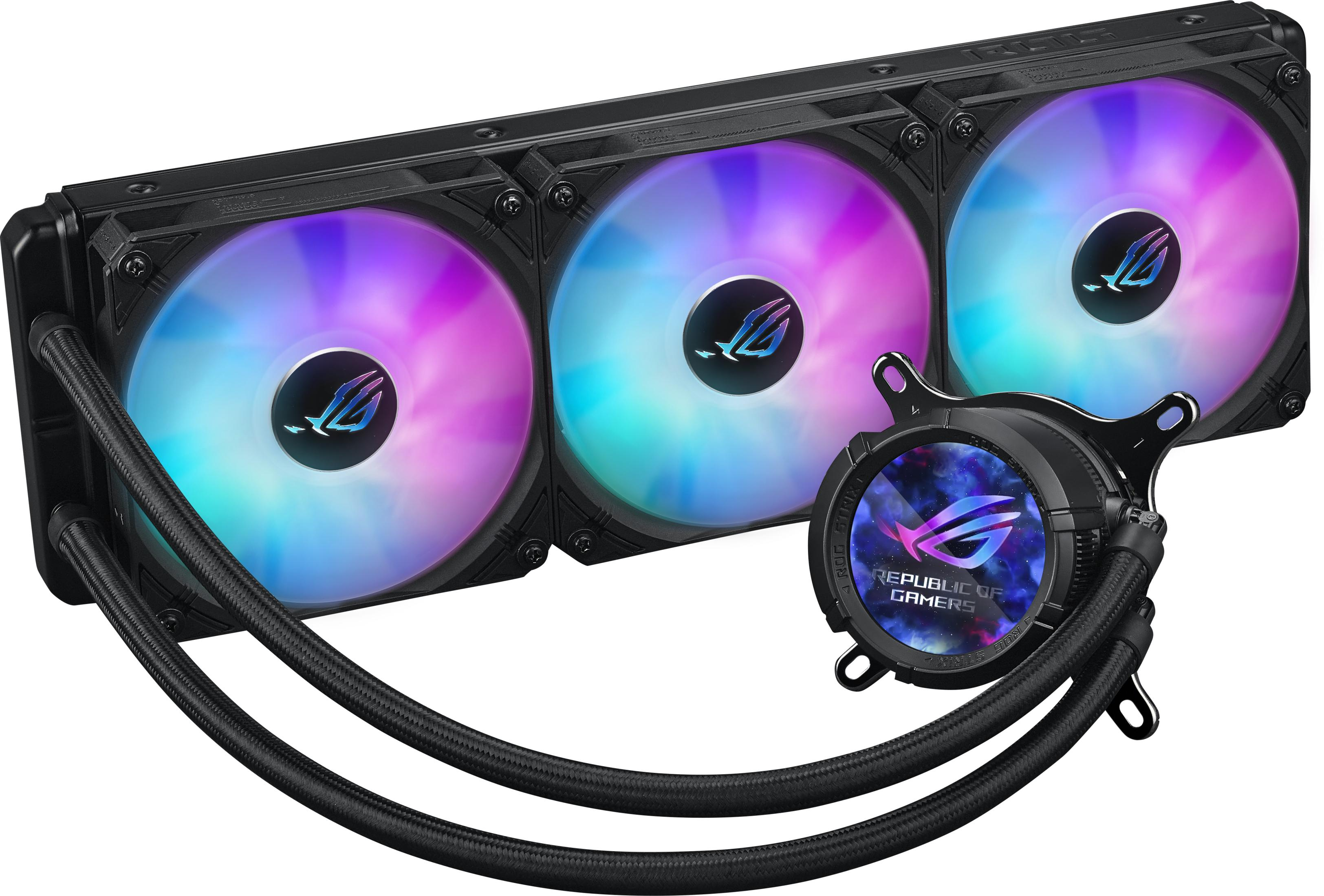 A black CPU cooler with three RGB fans and a central pump housing.