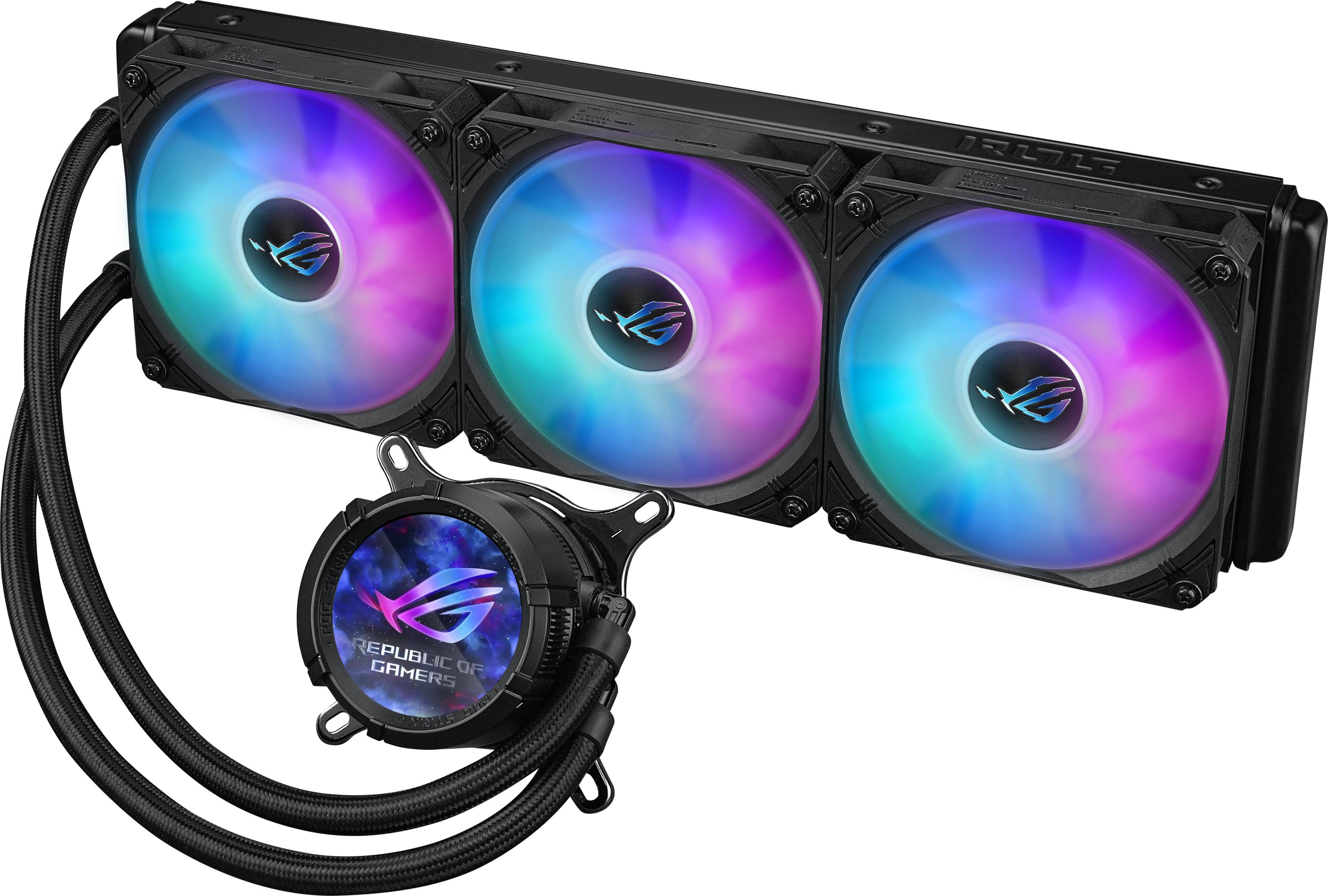 A black PC cooler featuring three RGB fans and a central pump housing.