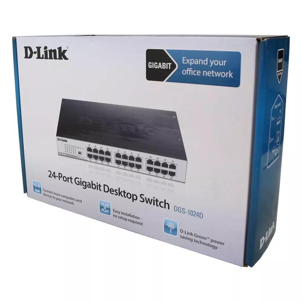 Verpackung eines D-Link 24-Port Gigabit Desktop Switches, Modell DGS-1024D.