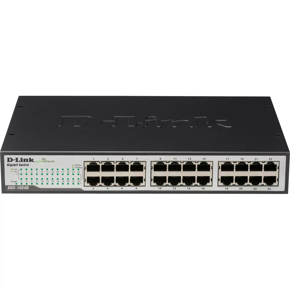 Ein schwarzer D-Link Gigabit Switch mit 24 Anschlüssen und LED-Anzeigen.